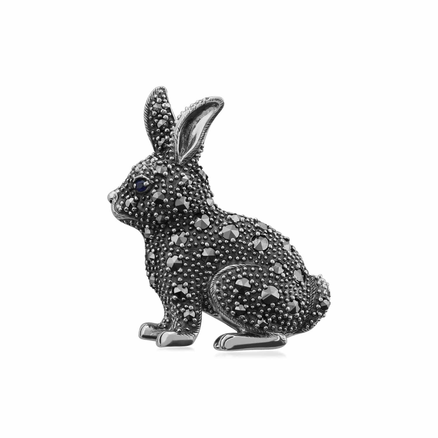 Marcasite & Sapphire Rabbit Brooch in 925 Sterling Silver - Gemondo
