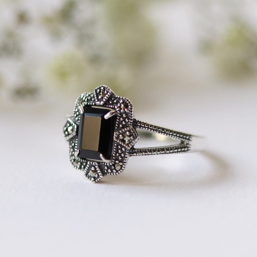 Art Deco Style Baguette Black Spinel & Marcasite Ring in 925 Sterling Silver 1