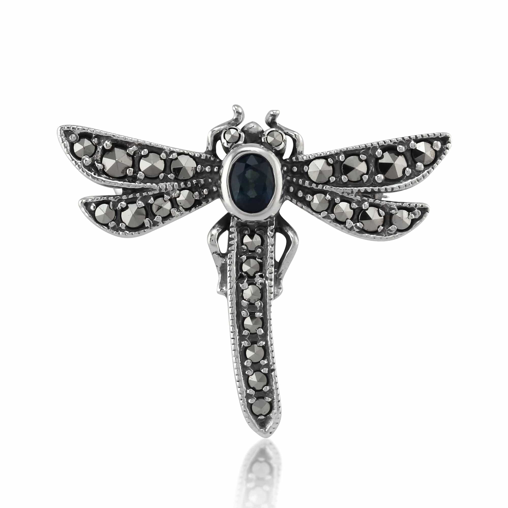 Art Nouveau Style Oval Marcasite & Sapphire Dragonfly Brooch in 925 Sterling Silver - Gemondo