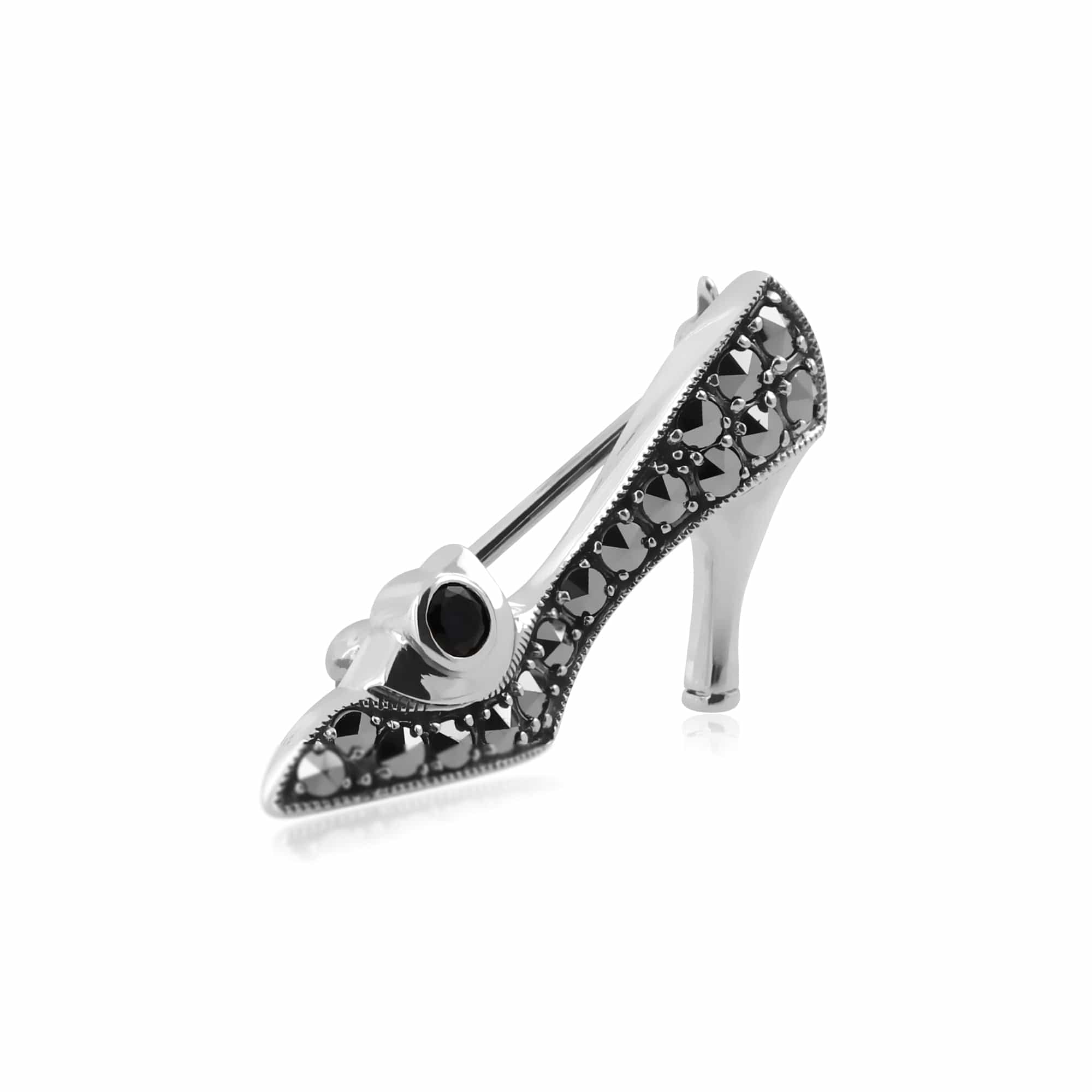 27071 Art Nouveau Style Round Sapphire & Marcasite Shoe Brooch in 925 Sterling Silver 2