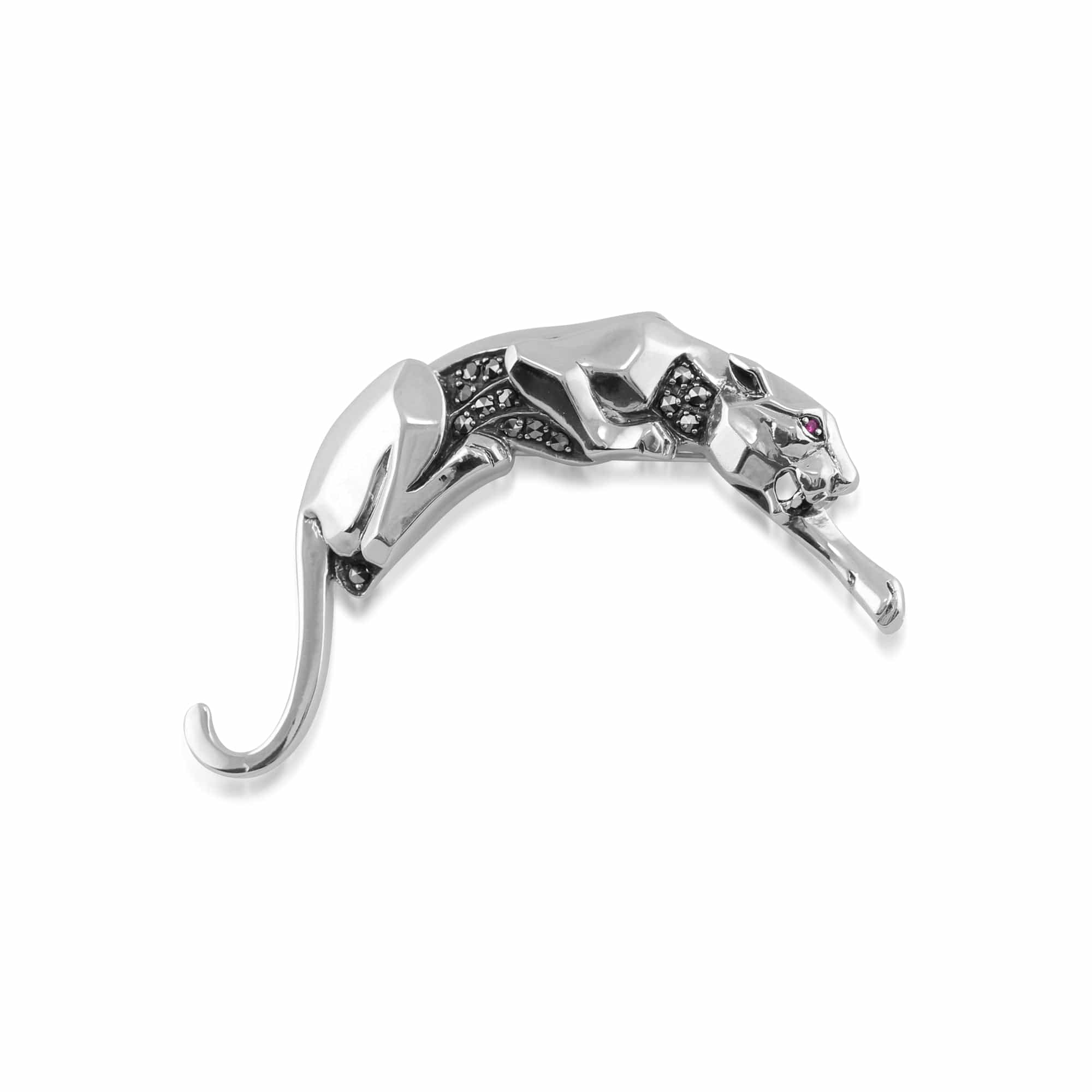 Art Deco Style Ruby & Marcasite Panther Brooch in Sterling Silver - Gemondo