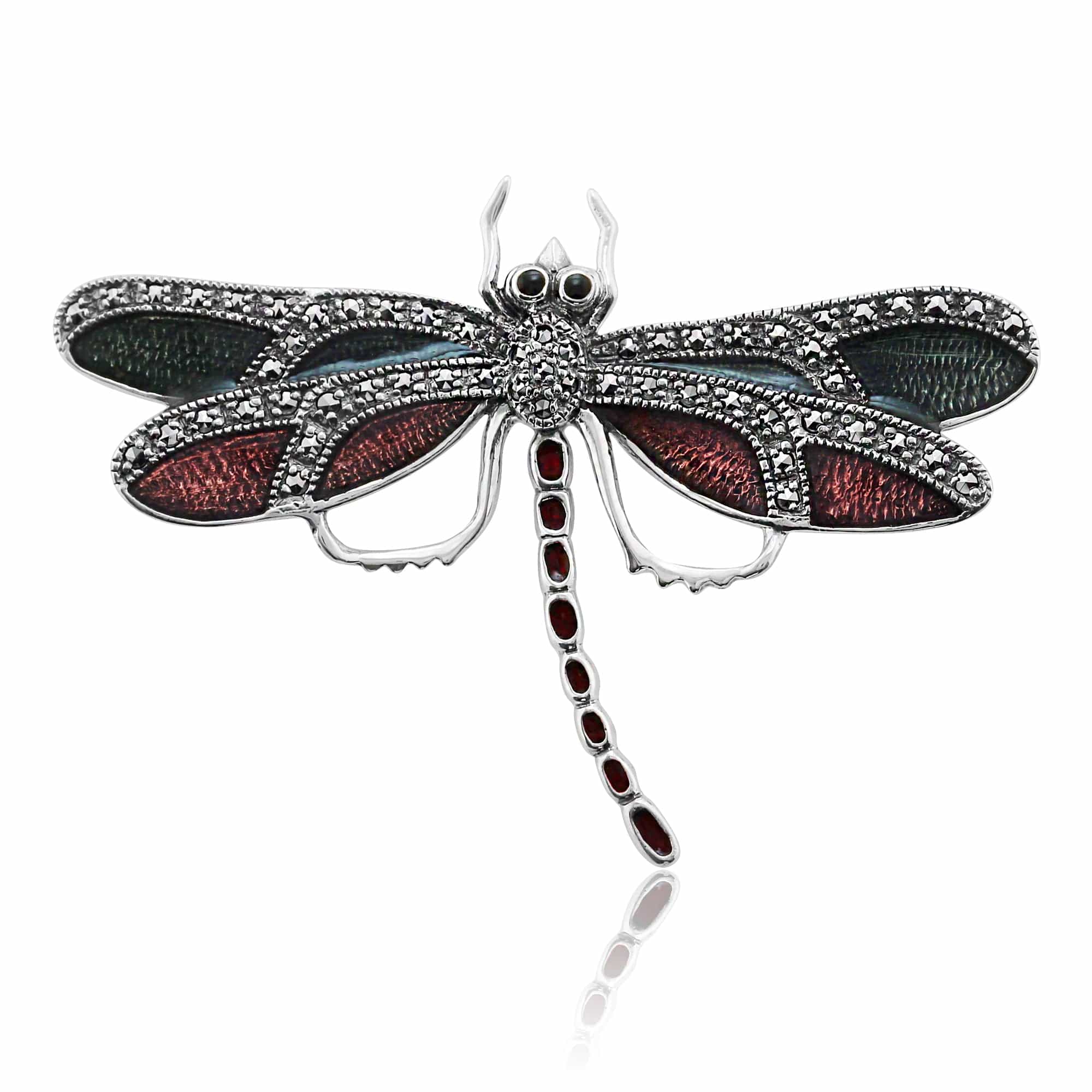 Art Nouveau Style Round Marcasite & Enamel Dragonfly Brooch in 925 Sterling Silver - Gemondo