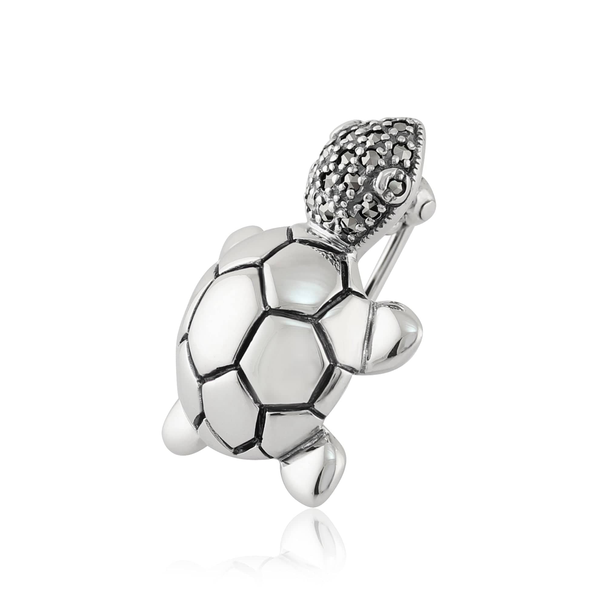 Classic Round Marcasite Cute Turtle Brooch in 925 Sterling Silver - Gemondo