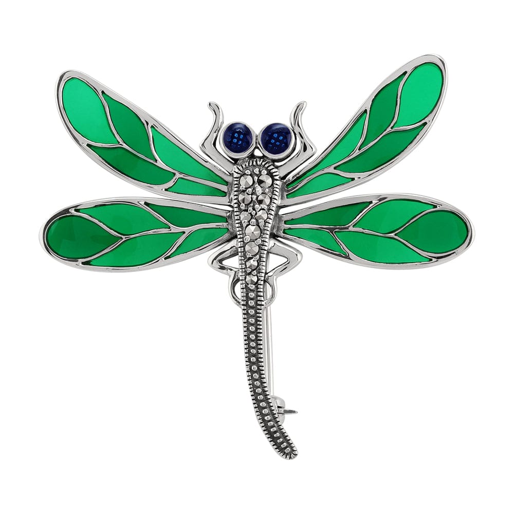 Art Nouveau Style Round Marcasite & Green Enamel Dragonfly Brooch in 925 Sterling Silver - Gemondo