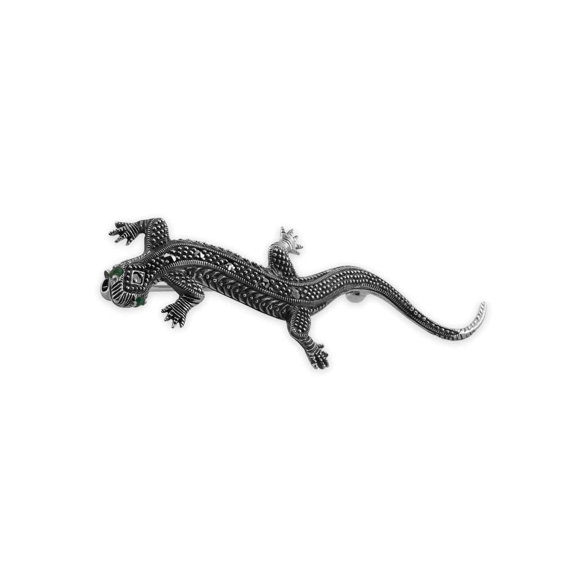 27073 Art Nouveau Style Round Emerald & Marcasite Gecko Brooch in 925 Sterling Silver 2