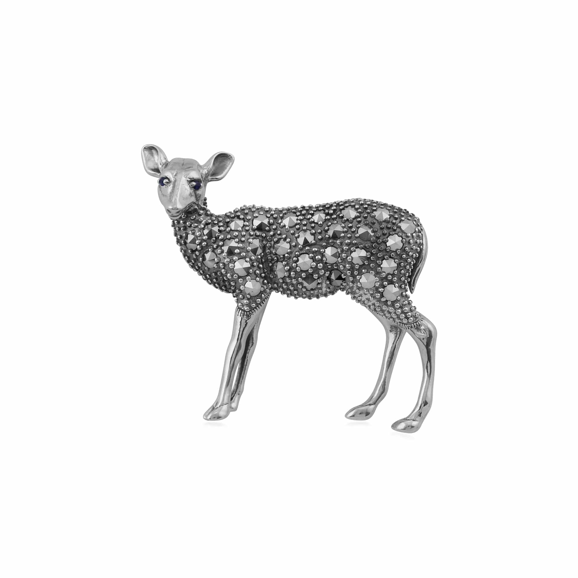 Sapphire & Marcasite Deer Brooch In Sterling Silver Image 1