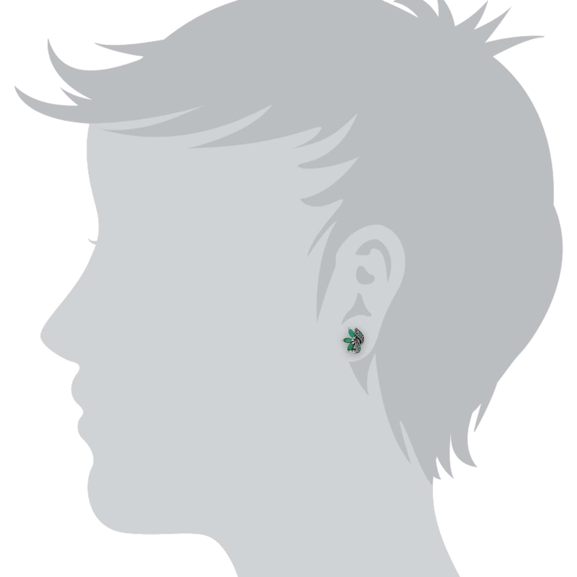 Art Nouveau Marquise Emerald & Marcasite Leaf Stud Earrings in 925 Sterling Silver - Gemondo