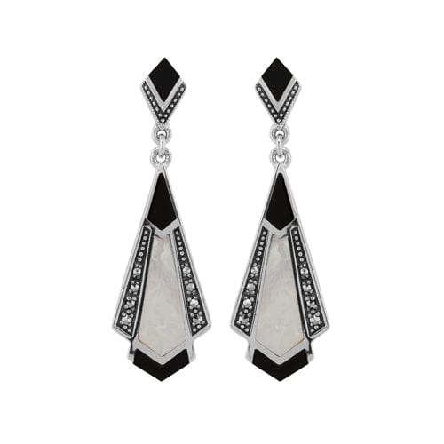 Art Deco Style Cabochon Black Onyx, Mother of Pearl & Marcasite Drop Earrings in 925 Sterling Silver - Gemondo