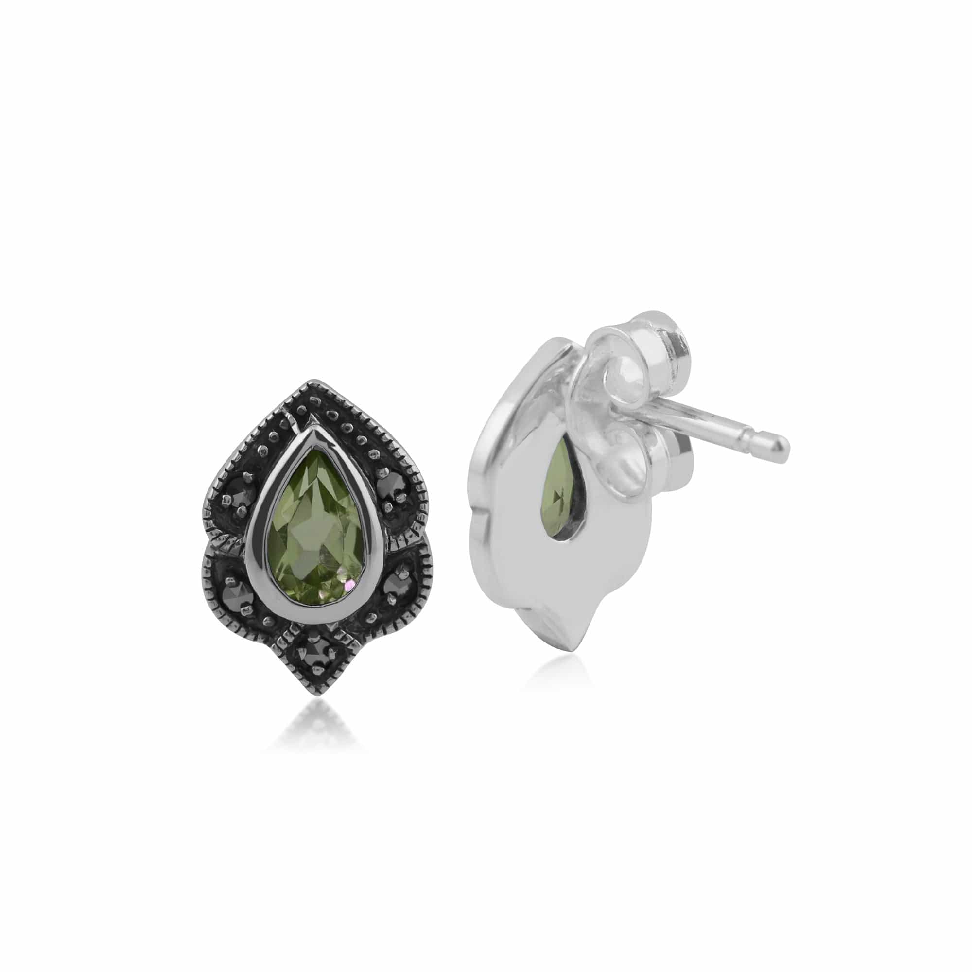 Art Nouveau Style Pear Peridot & Marcasite Leaf Stud Earrings in 925 Sterling Silver - Gemondo