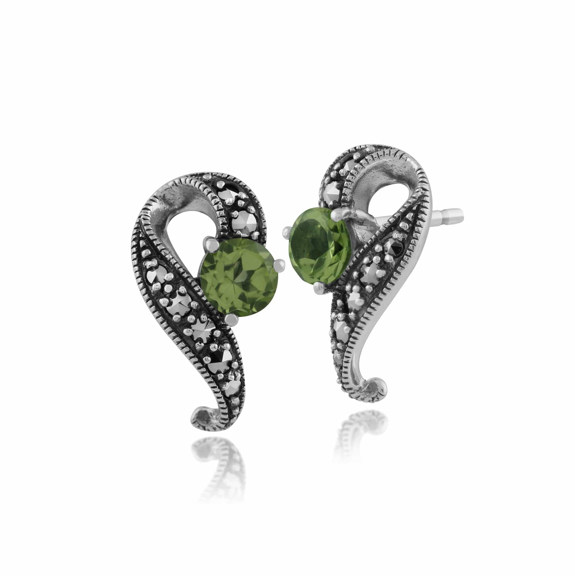 Art Nouveau Style Round Peridot & Marcasite Swirl Stud Earrings in 925 Sterling Silver - Gemondo