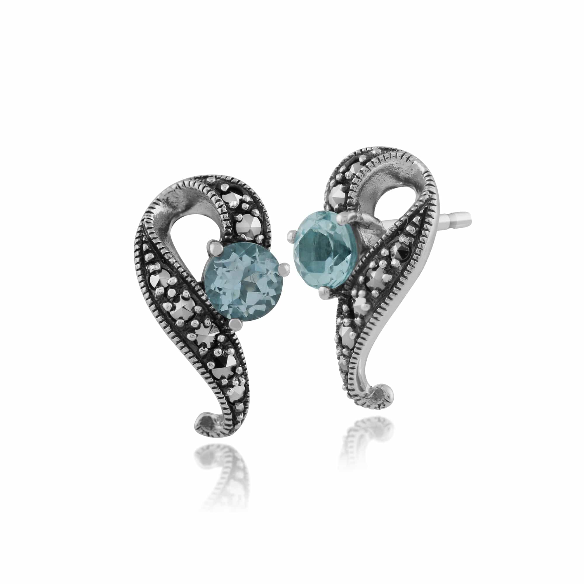 Art Nouveau Style Round Blue Topaz & Marcasite Swirl Stud Earrings in 925 Sterling Silver - Gemondo