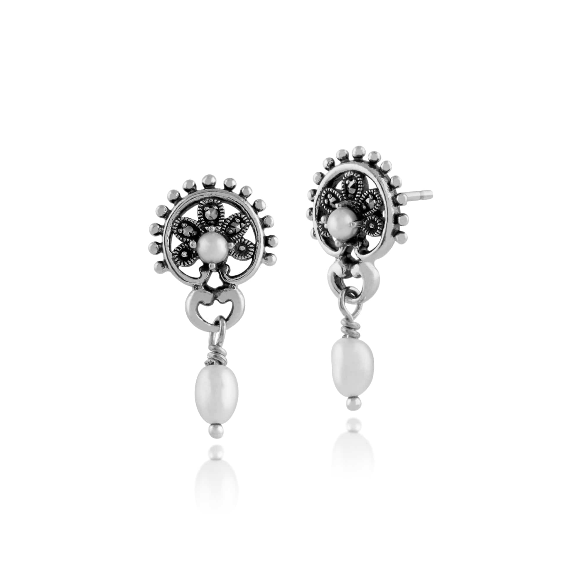 Floral Round Freshwater Pearl & Marcasite Drop Earrings in 925 Sterling Silver - Gemondo