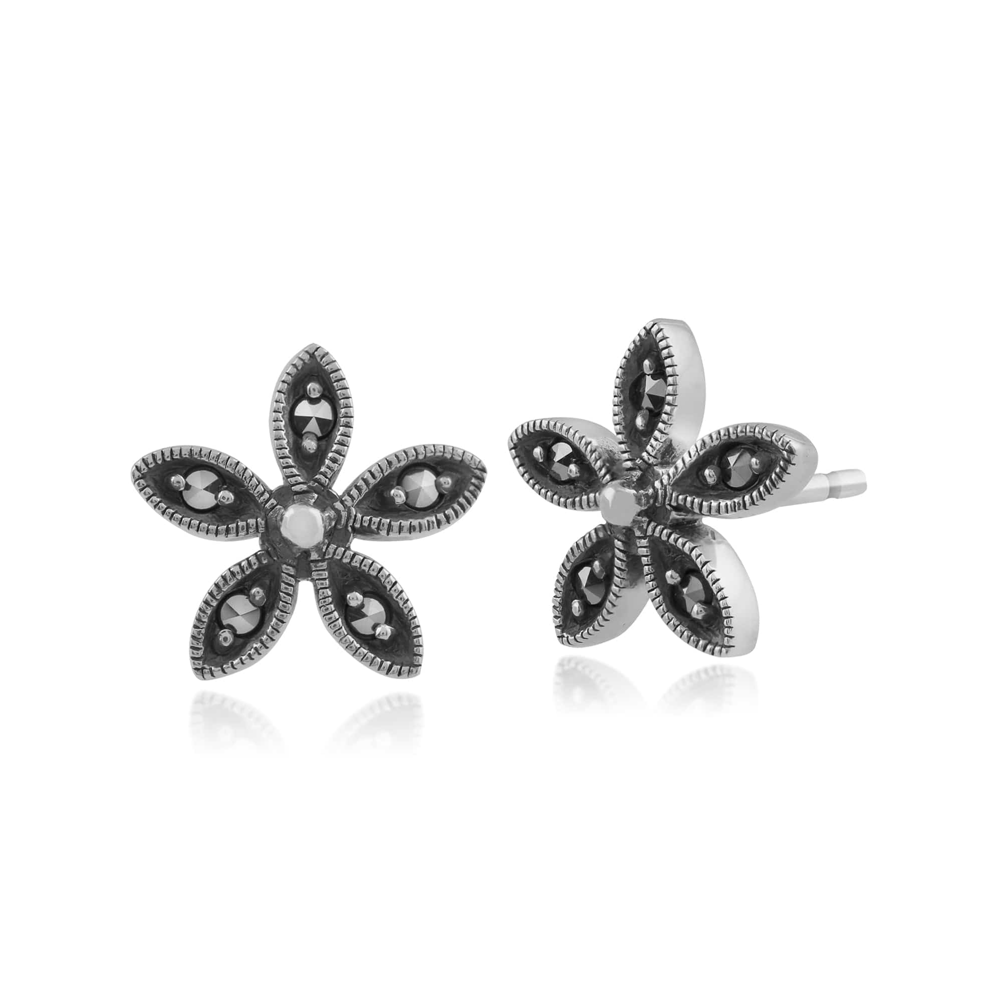Floral Round Marcasite Flower Stud Earrings in 925 Sterling Silver - Gemondo