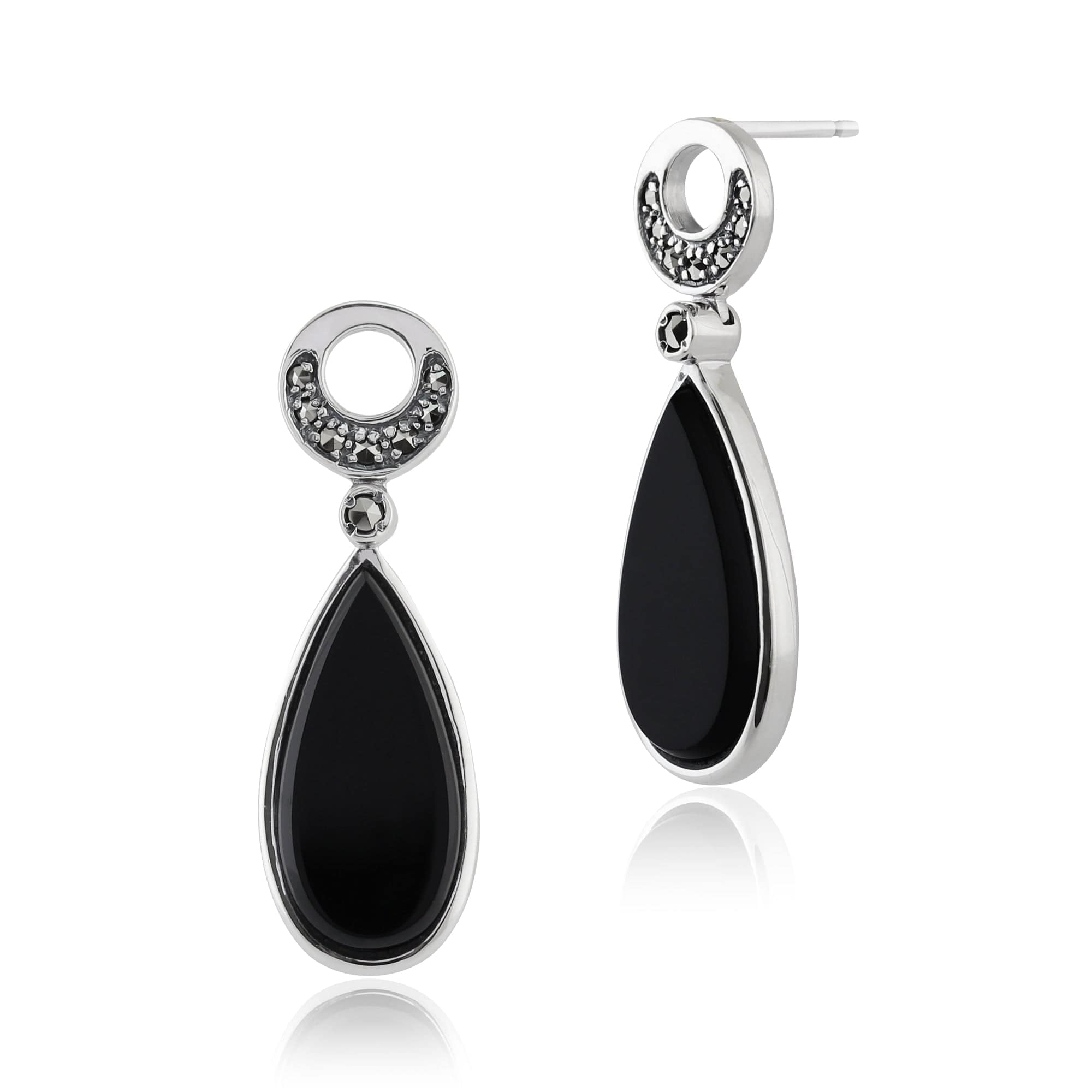 Art Deco Style Pear Black Onyx & Marcasite Drop Earrings in 925 Sterling Silver - Gemondo