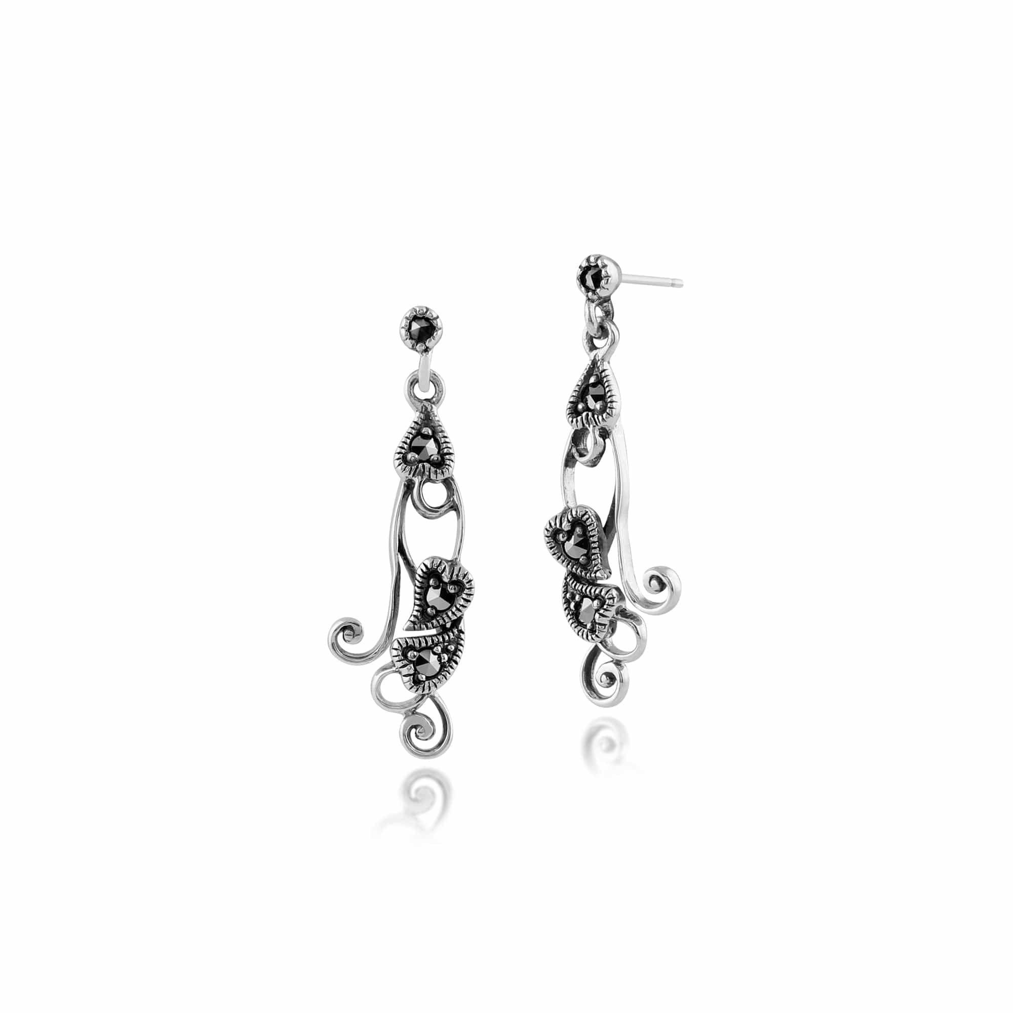 Art Nouveau Style Round Marcasite Drop Earrings in 925 Sterling Silver - Gemondo