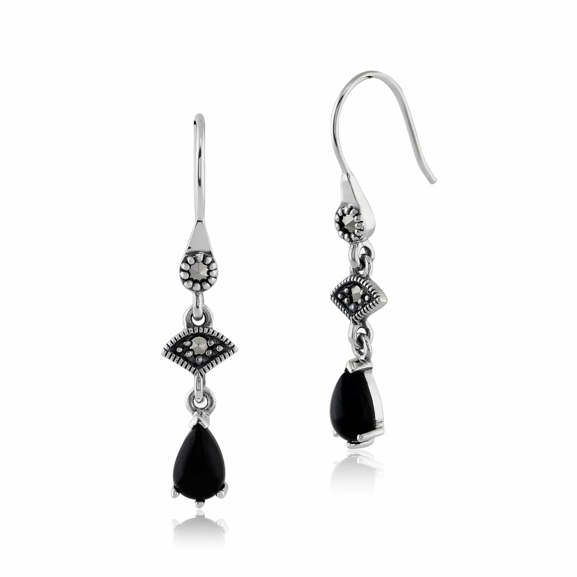 Art Deco Style Black Onyx  Cabochon & Marcasite Drop Earrings in 925 Sterling Silver - Gemondo