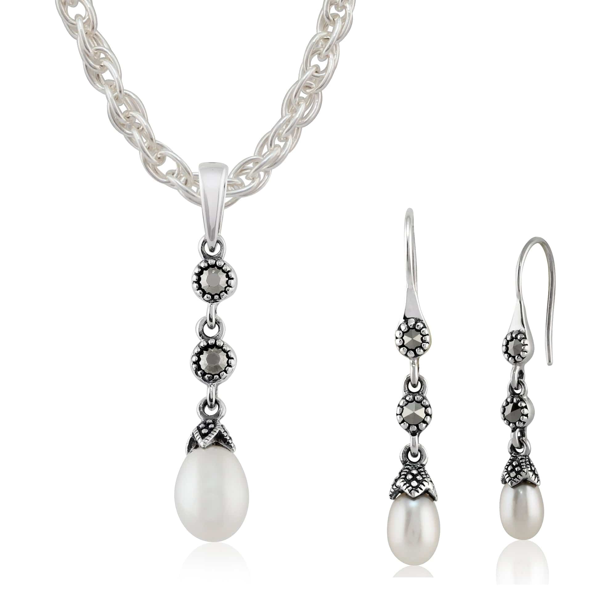Art Deco Pearl & Marcasite Drop Earrings & Pendant Set Image 1