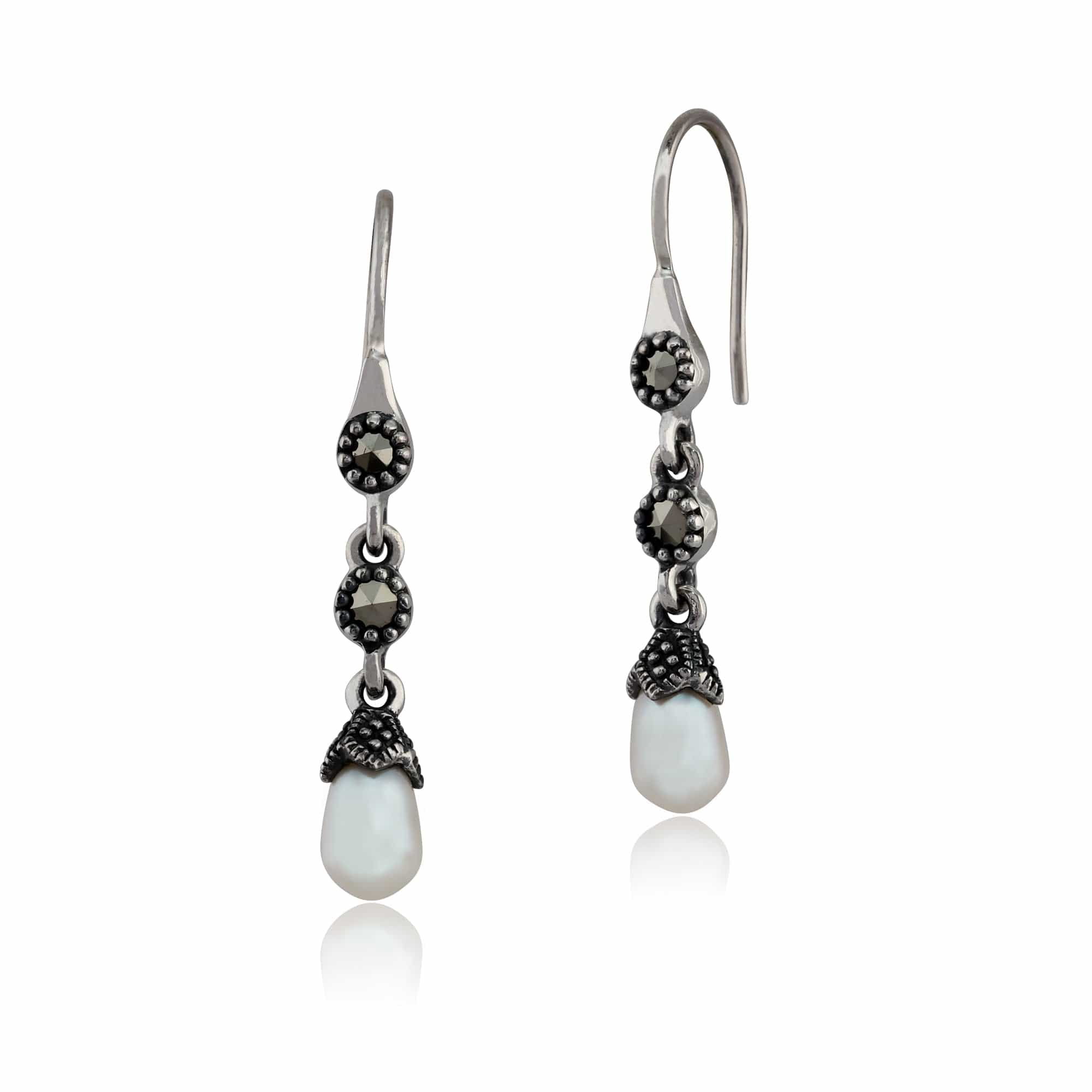 Art Deco Pearl & Marcasite Drop Earrings & Pendant Set Image 2