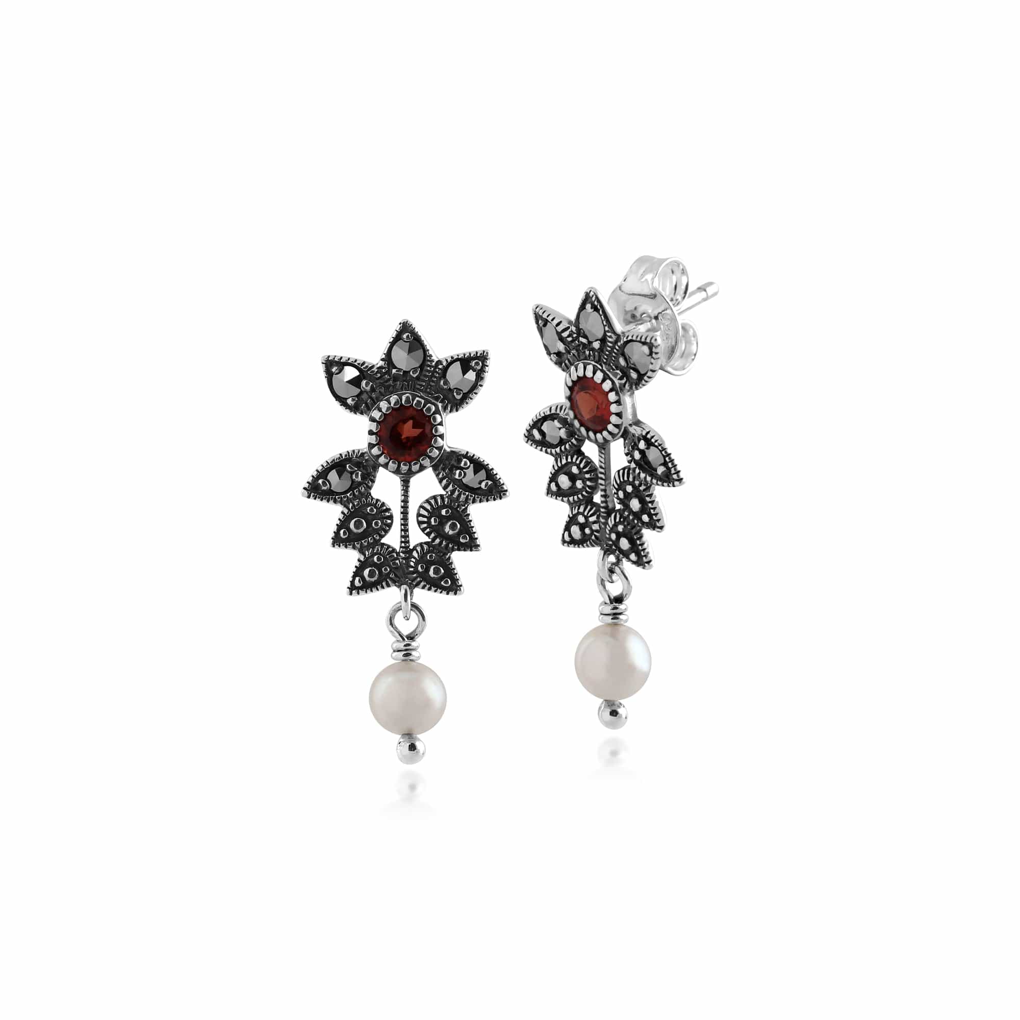 Art Nouveau Style Round Garnet, Freshwater Pearl & Marcasite Drop Earrings in 925 Sterling Silver - Gemondo