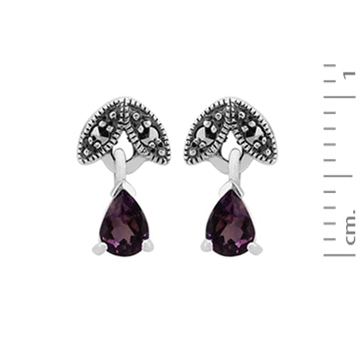 214E686101925 Art Nouveau Style Pear Amethyst & Marcasite Drop Earrings in 925 Sterling Silver 3
