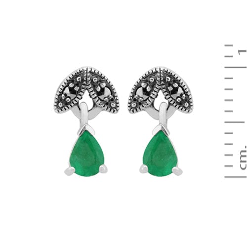 214E686104925-214N488906925 Art Deco Style Style Pear Emerald & Marcasite Leaf Stud Earrings & Pendant Set in 925 Sterling Silver 4