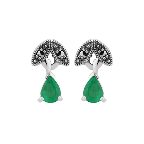 Art Deco Emerald & Marcasite Stud Earrings & Pendant Set Image 2