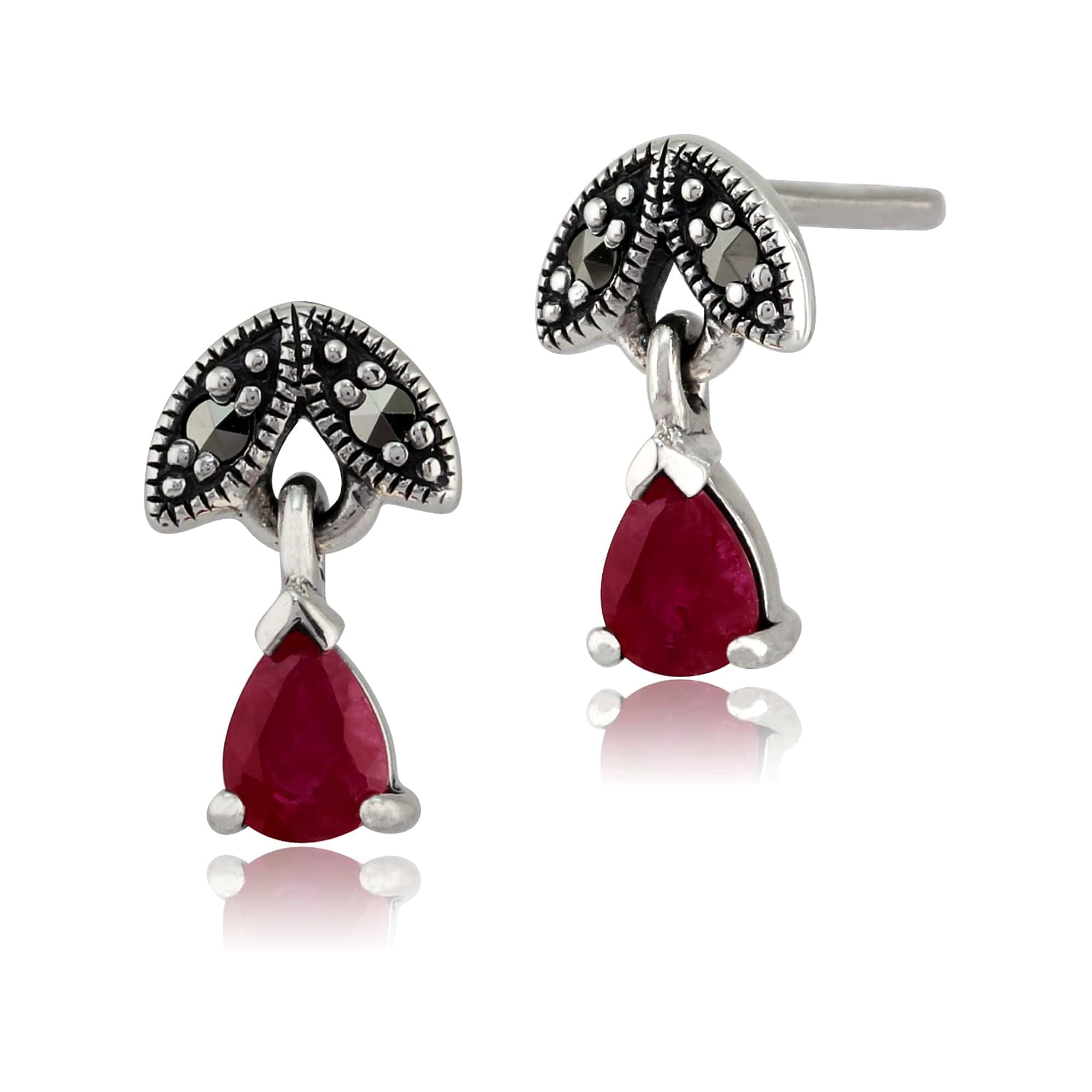 Art Nouveau Style Pear Ruby & Marcasite Drop Earrings in 925 Sterling Silver - Gemondo