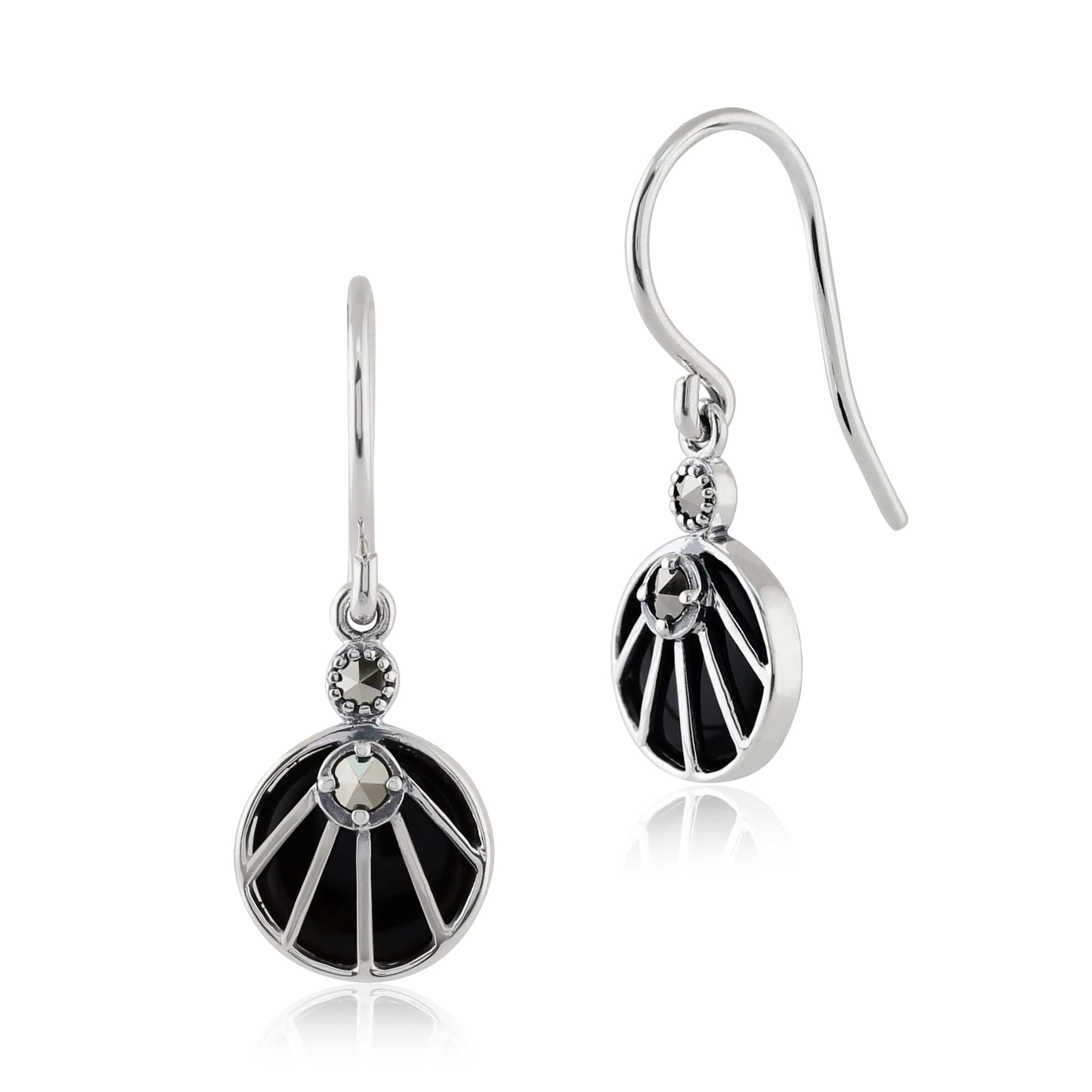 Art Deco Style Black Onyx Cabochon & Marcasite Drop Earrings in 925 Sterling Silver - Gemondo