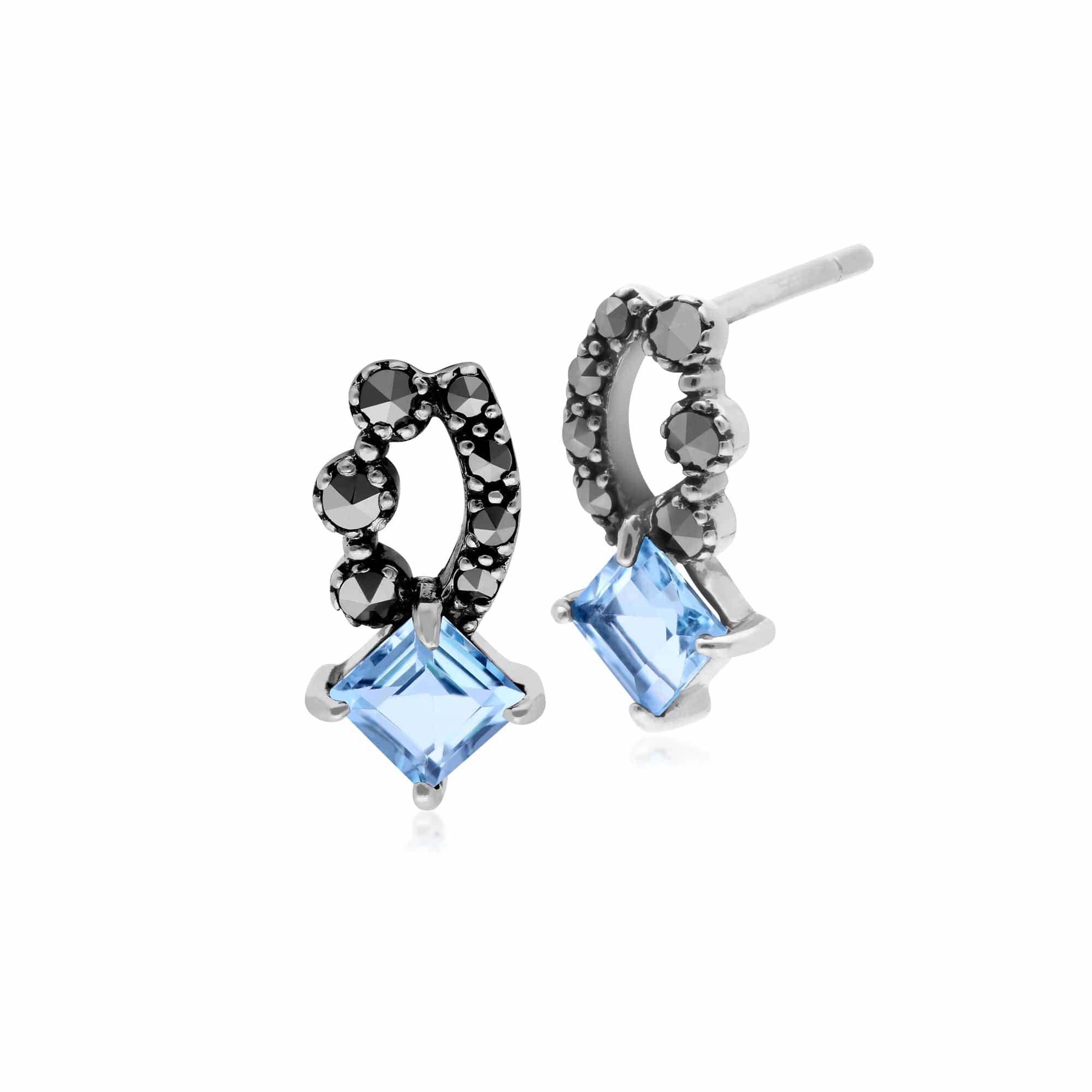 Gemondo Sterling Silver Blue Topaz & Marcasite Stud Earrings - Gemondo