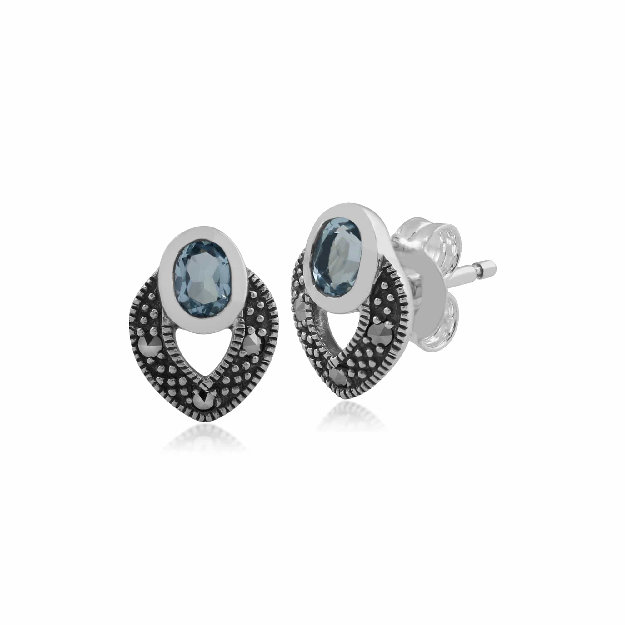 Art Deco Style Oval Blue Topaz & Marcasite Stud Earrings in 925 Sterling Silver