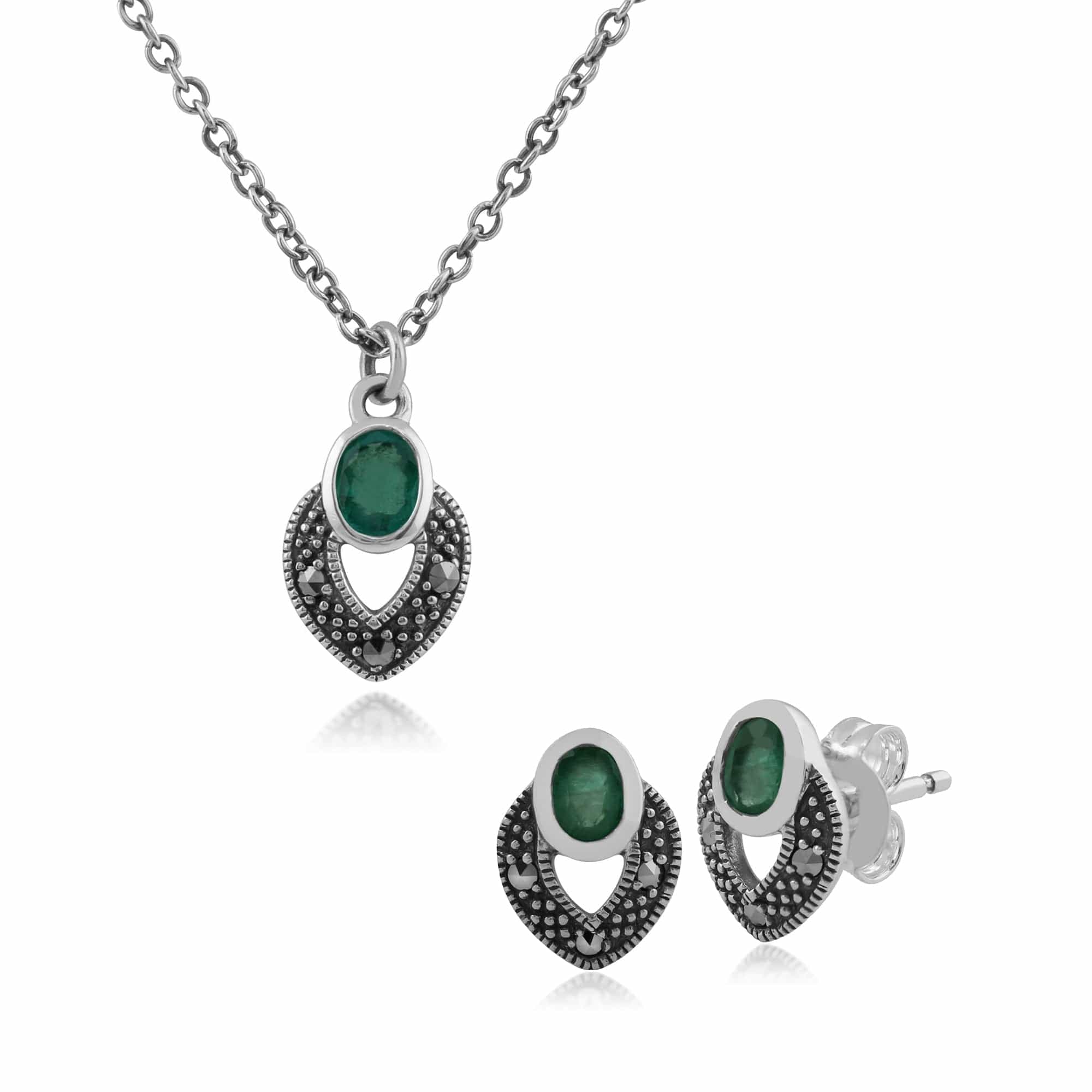 214E717808925-214N688210925 Art Deco Style Oval Emerald & Marcasite Stud Earrings & Pendant Set in Sterling Silver 1