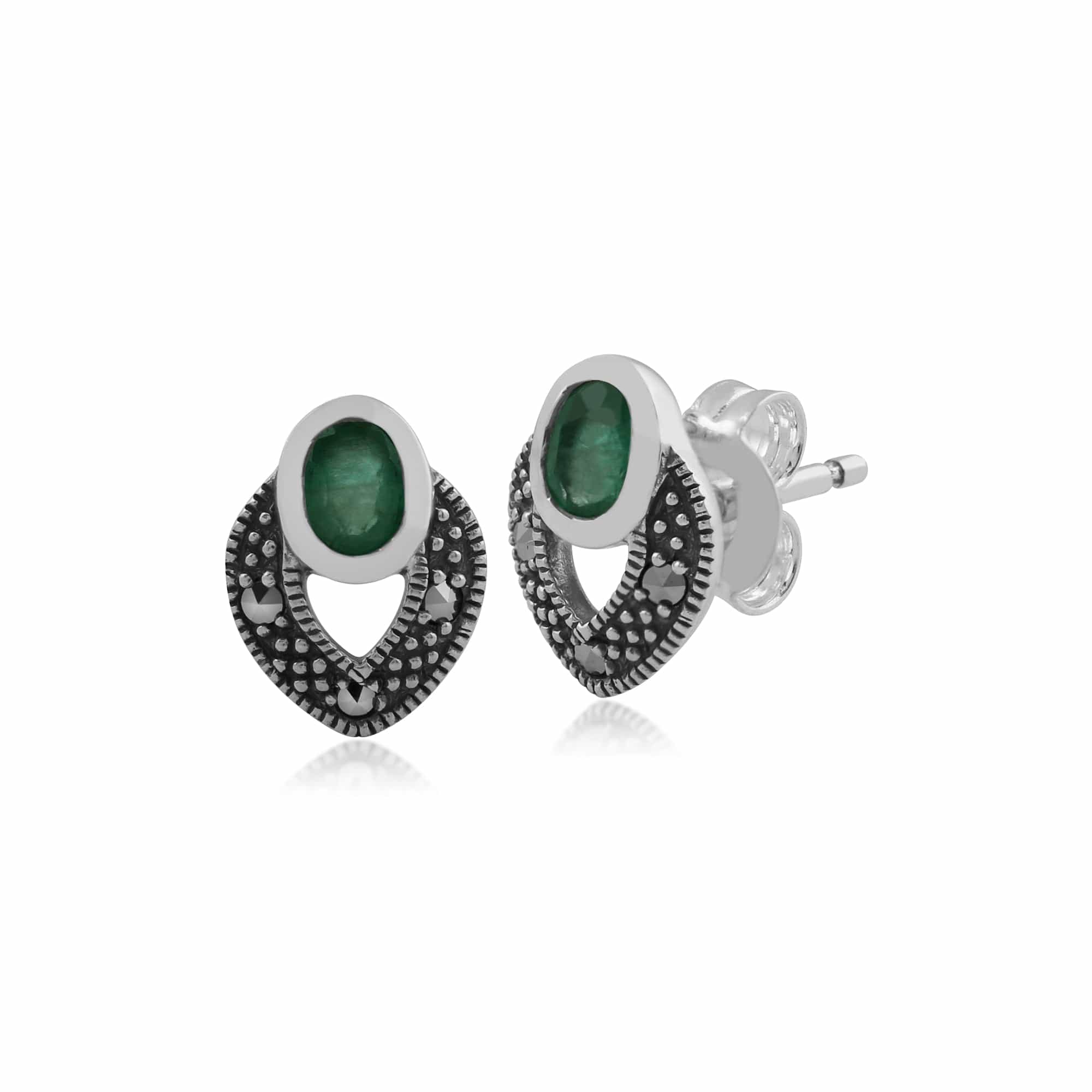 Art Deco Style Oval Emerald & Marcasite Stud Earrings & Pendant Set in Sterling Silver - Gemondo