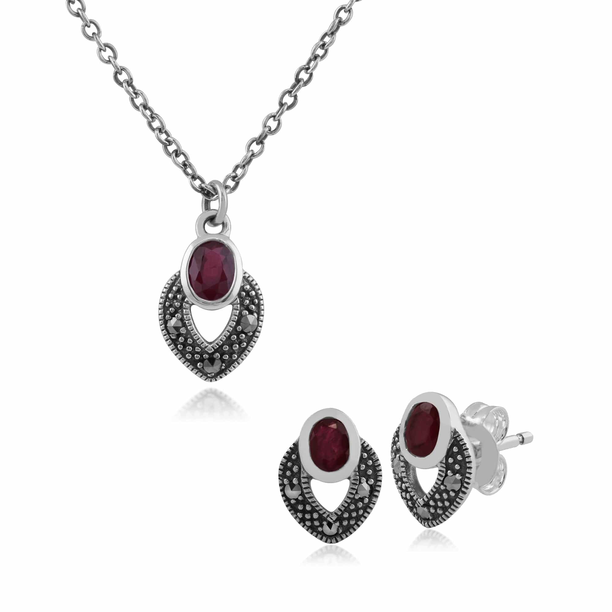 Art Deco Style Oval Ruby & Marcasite Stud Earrings & Pendant Set in 925 Sterling Silver - Gemondo