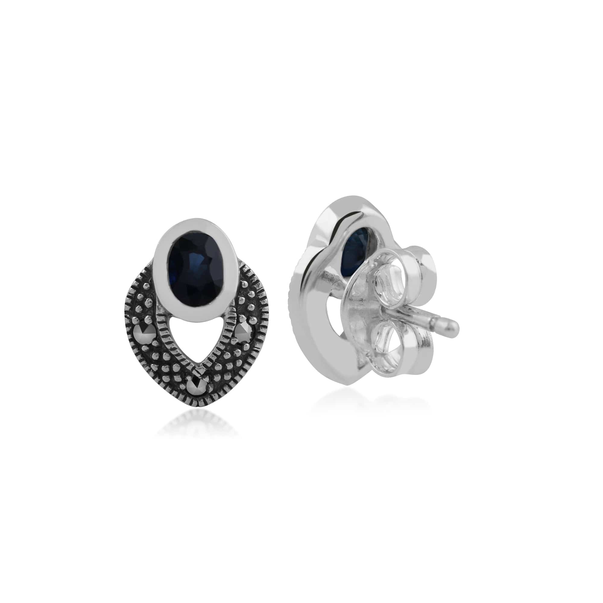 Art Deco Style Oval Sapphire & Marcasite Stud Earrings in 925 Sterling Silver Back