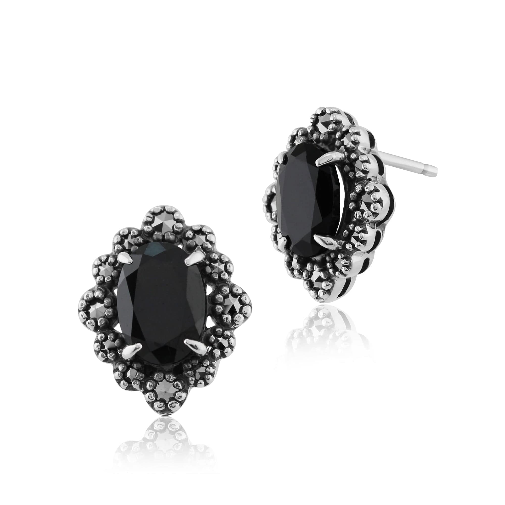 Art Deco Style Oval Black Spinel & Marcasite Stud Earrings in 925 Sterling Silver - Gemondo