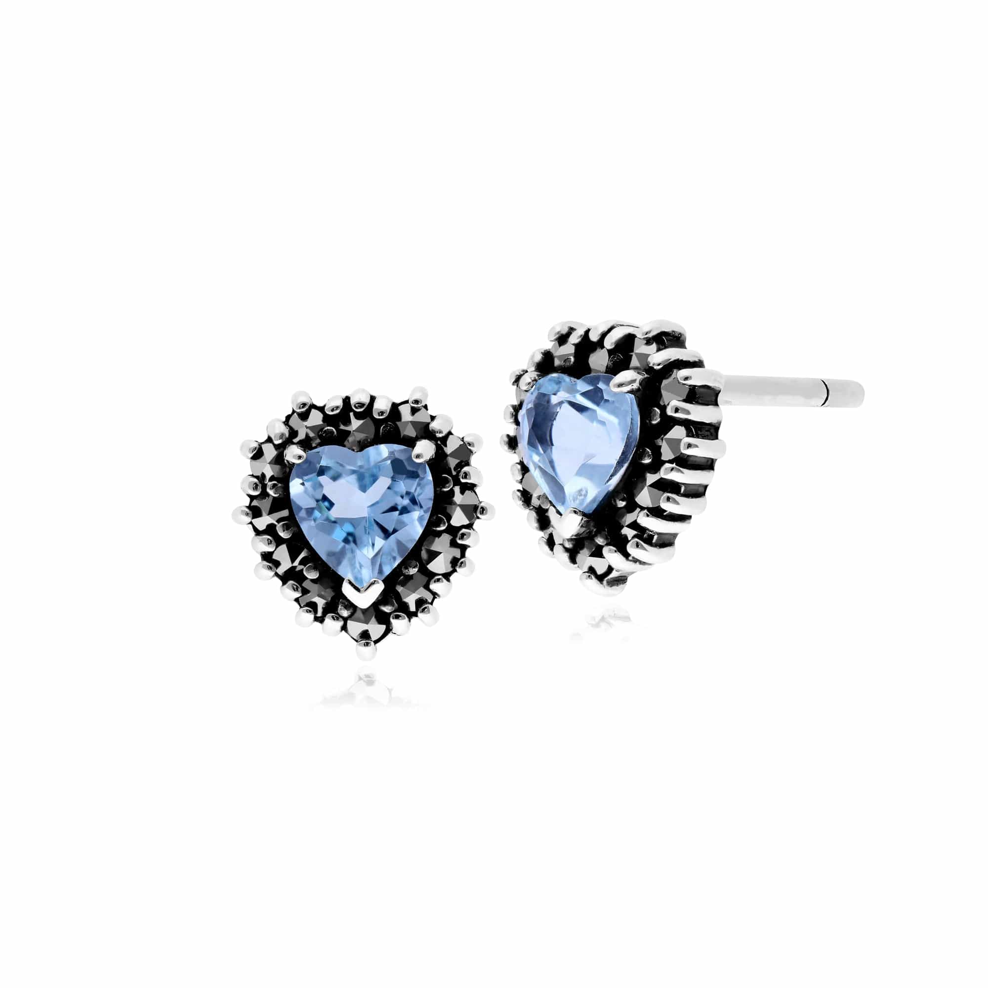 214E725705925-214P301203925 Art Deco Style Blue Topaz & Marcasite Heart Stud Earrings & Necklace Set in 925 Sterling Silver 2
