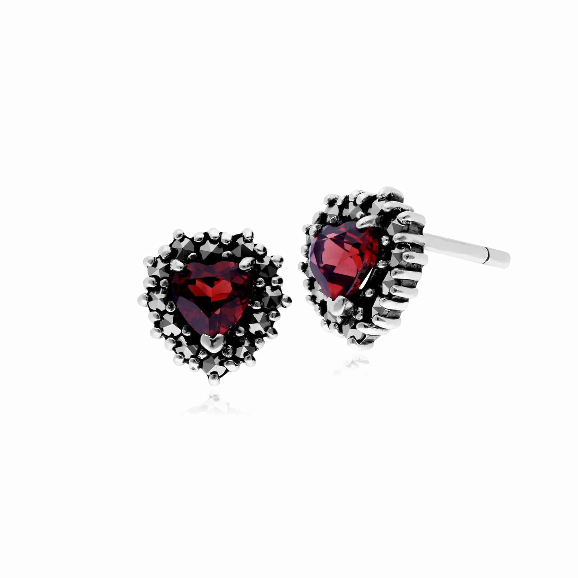 Classic Heart Garnet & Marcasite Halo Heart Stud Earrings in 925 Sterling Silver - Gemondo