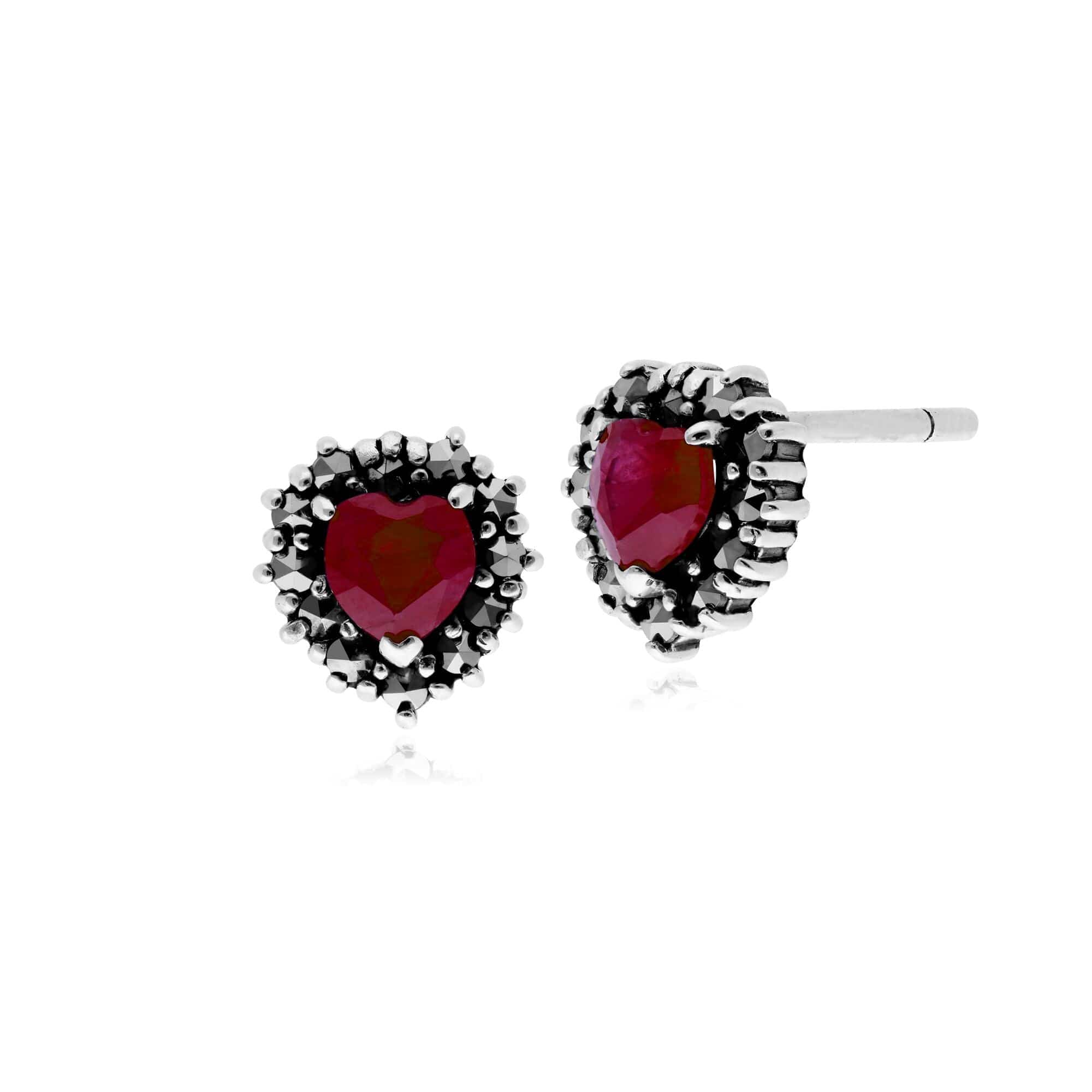 Gemondo Sterling Silver Ruby & Marcasite Heart Stud Earrings - Gemondo
