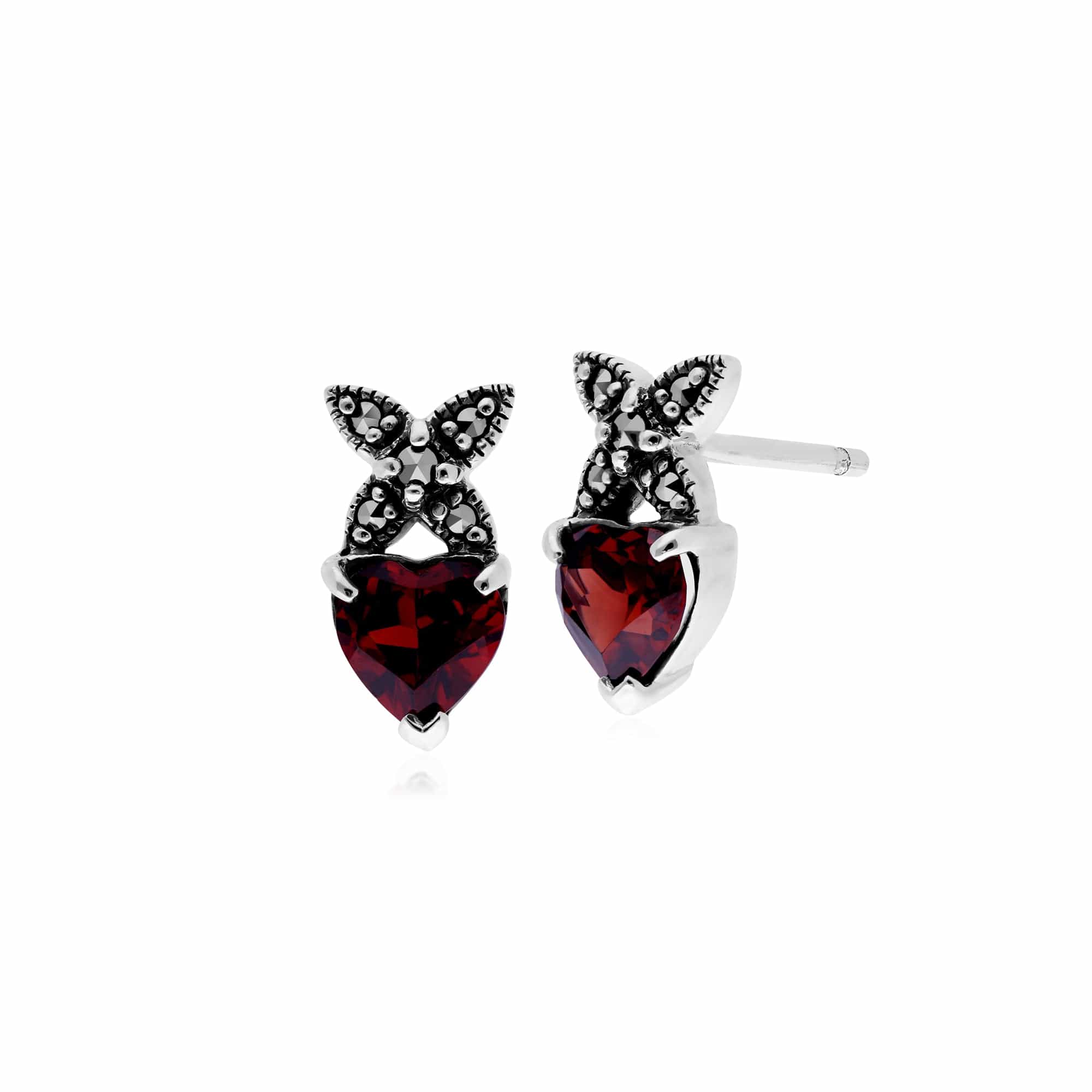 214E725805925 Sterling Silver Mozambique Garnet & Marcasite January Heart Stud Earrings 1