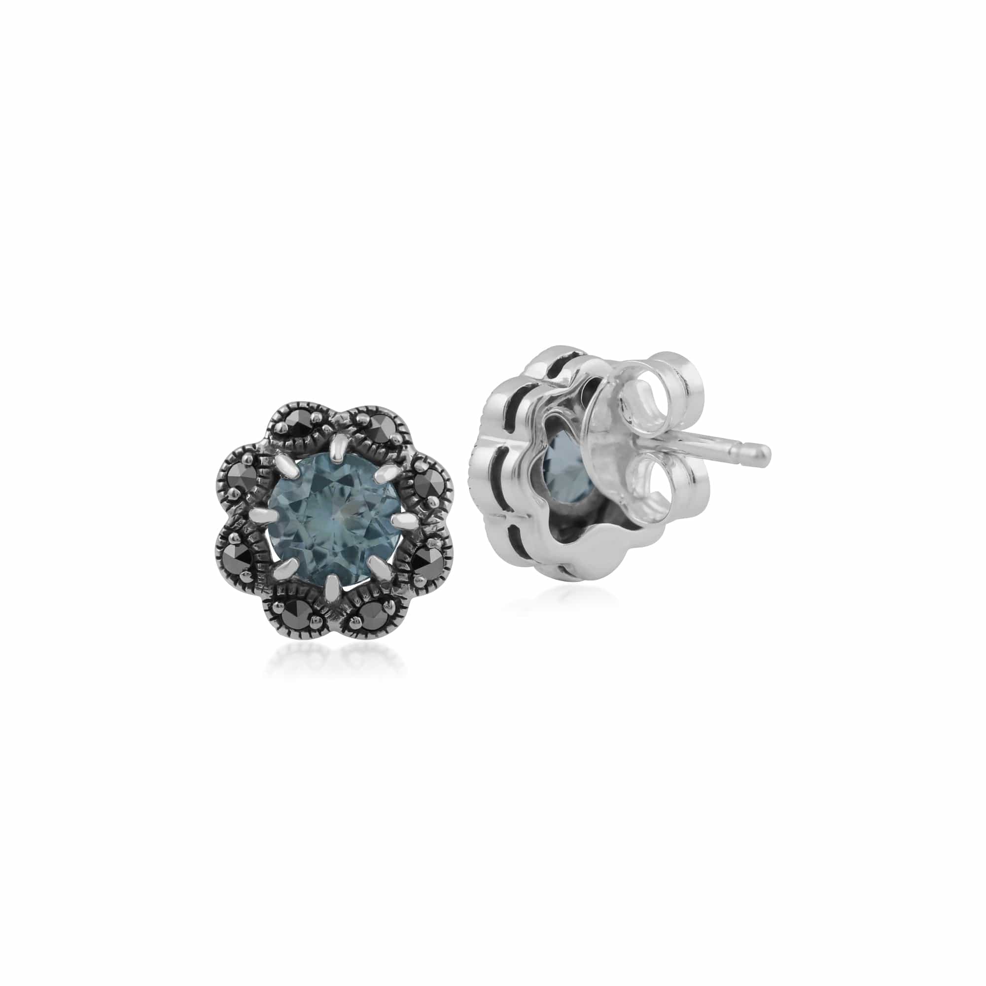 214E731504925 Floral Round Blue Topaz & Marcasite Cluster Stud Earrings in 925 Sterling Silver 2