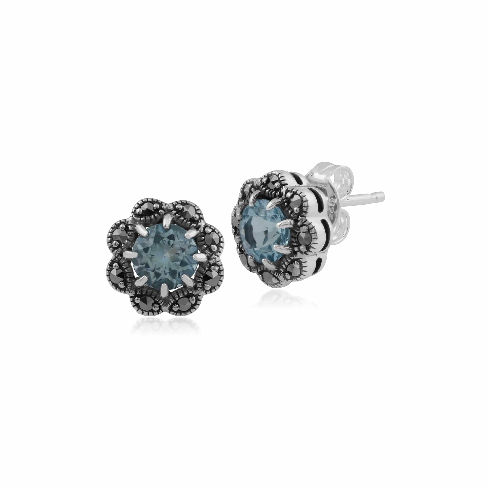 Art Nouveau Style Style Round Blue Topaz & Marcasite Floral Stud Earrings & Ring Set in 925 Sterling Silver - Gemondo