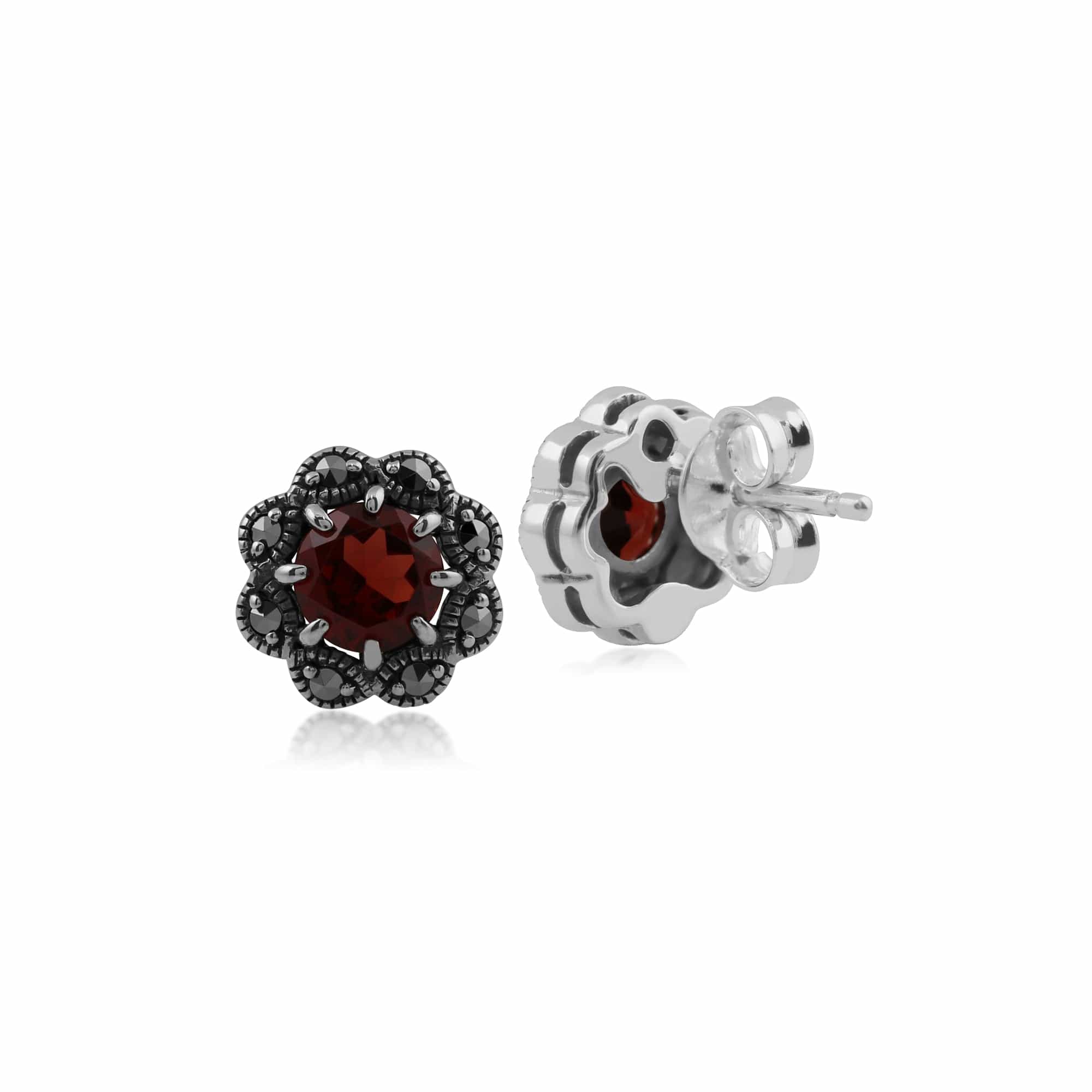 Floral Round Garnet & Marcasite Cluster Stud Earrings in 925 Sterling Silver - Gemondo