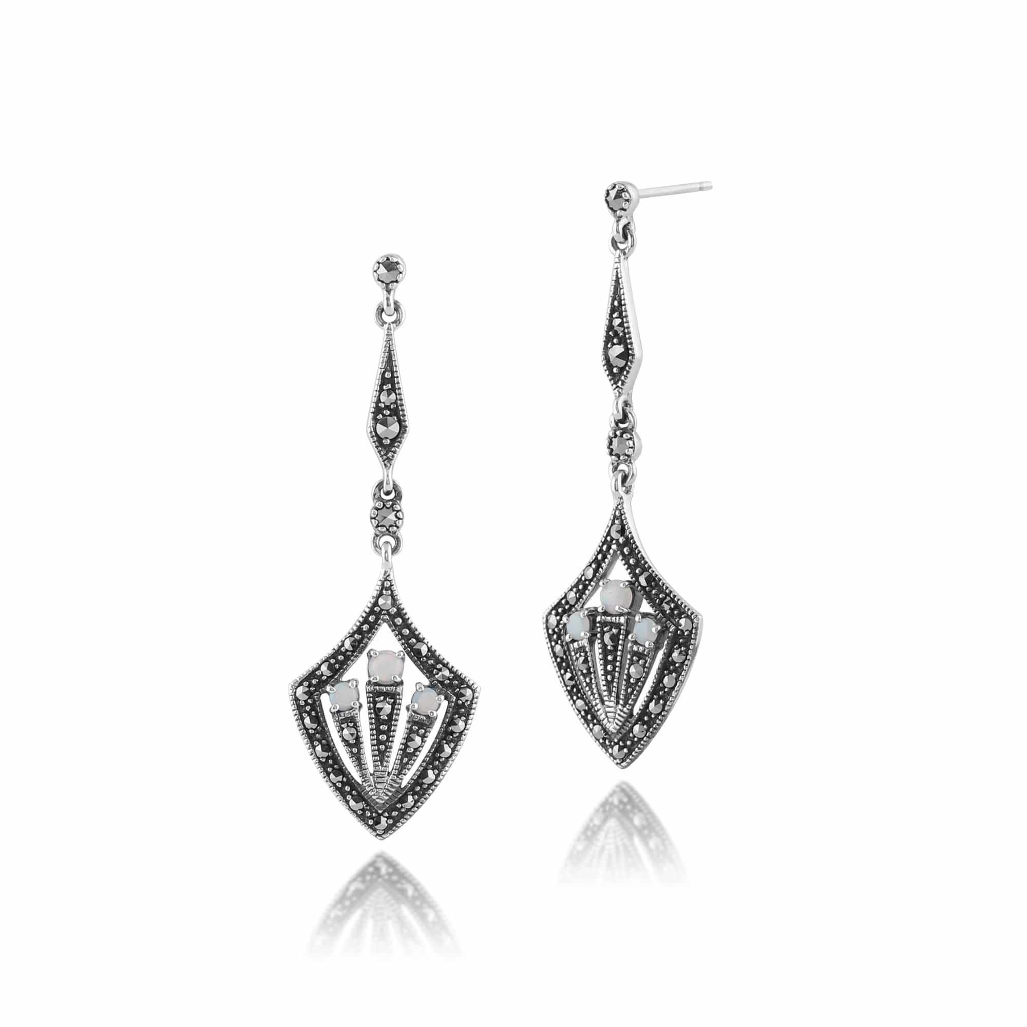 Art Deco Opal & Marcasite Shield Drop Earrings & Necklace Set Image 2