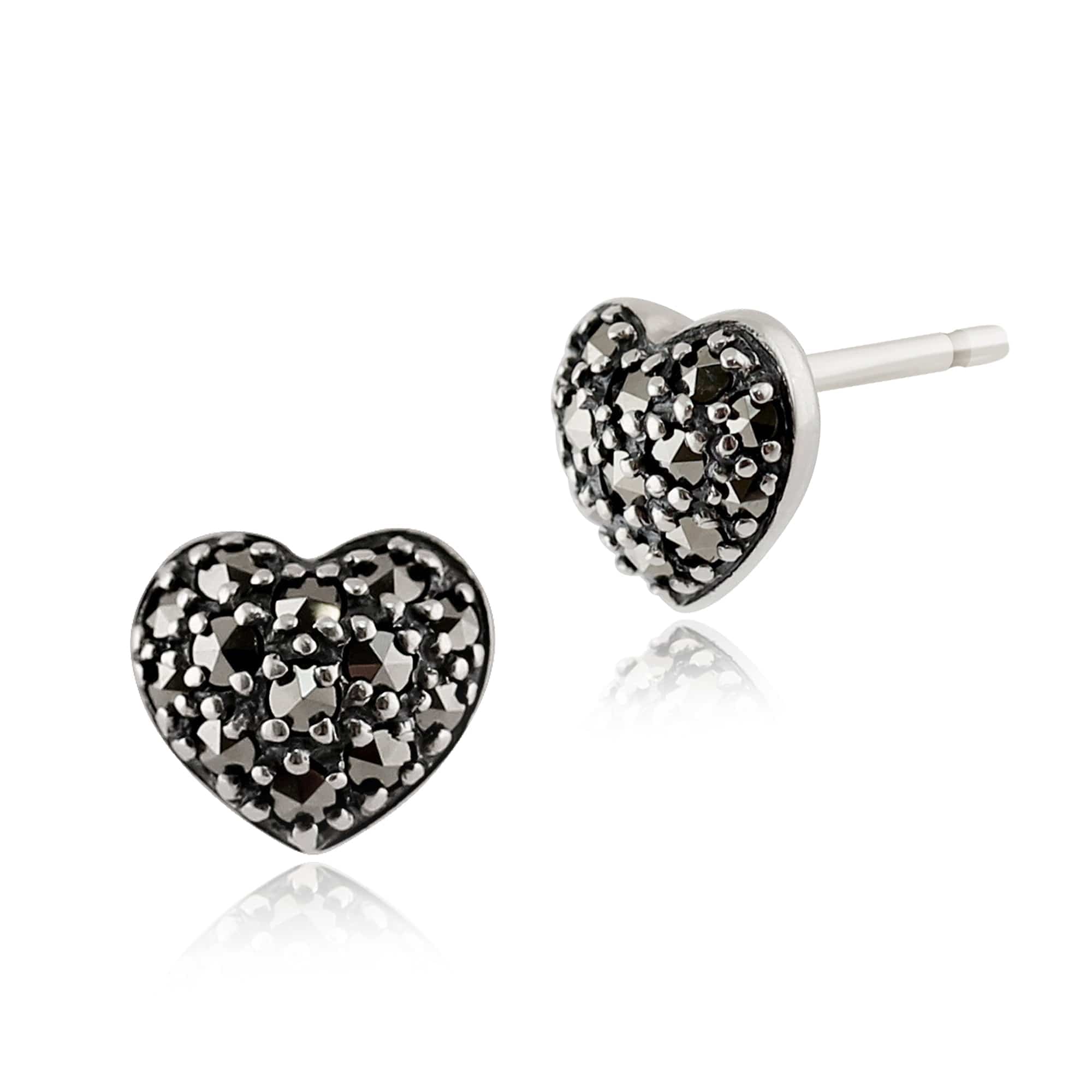 Classic Round Marcasite Pave Set Heart Stud Earrings in 925 Sterling Silver - Gemondo