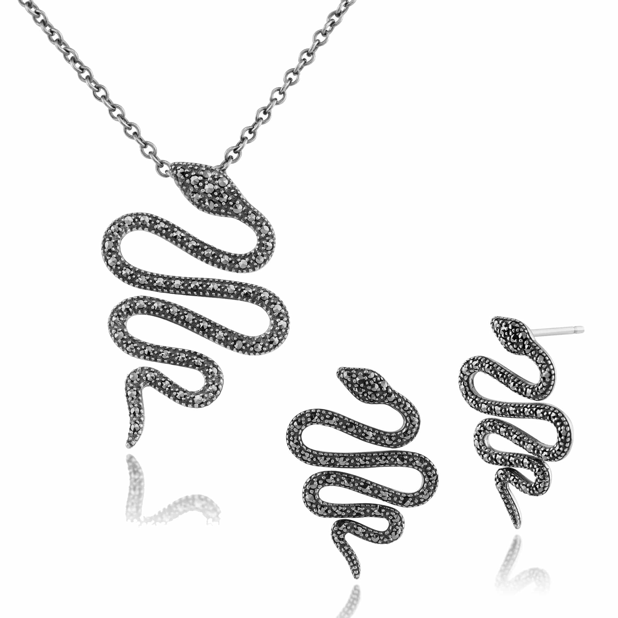 Art Nouveau Marcasite Snake Drop Earrings & Pendant Set Image 1