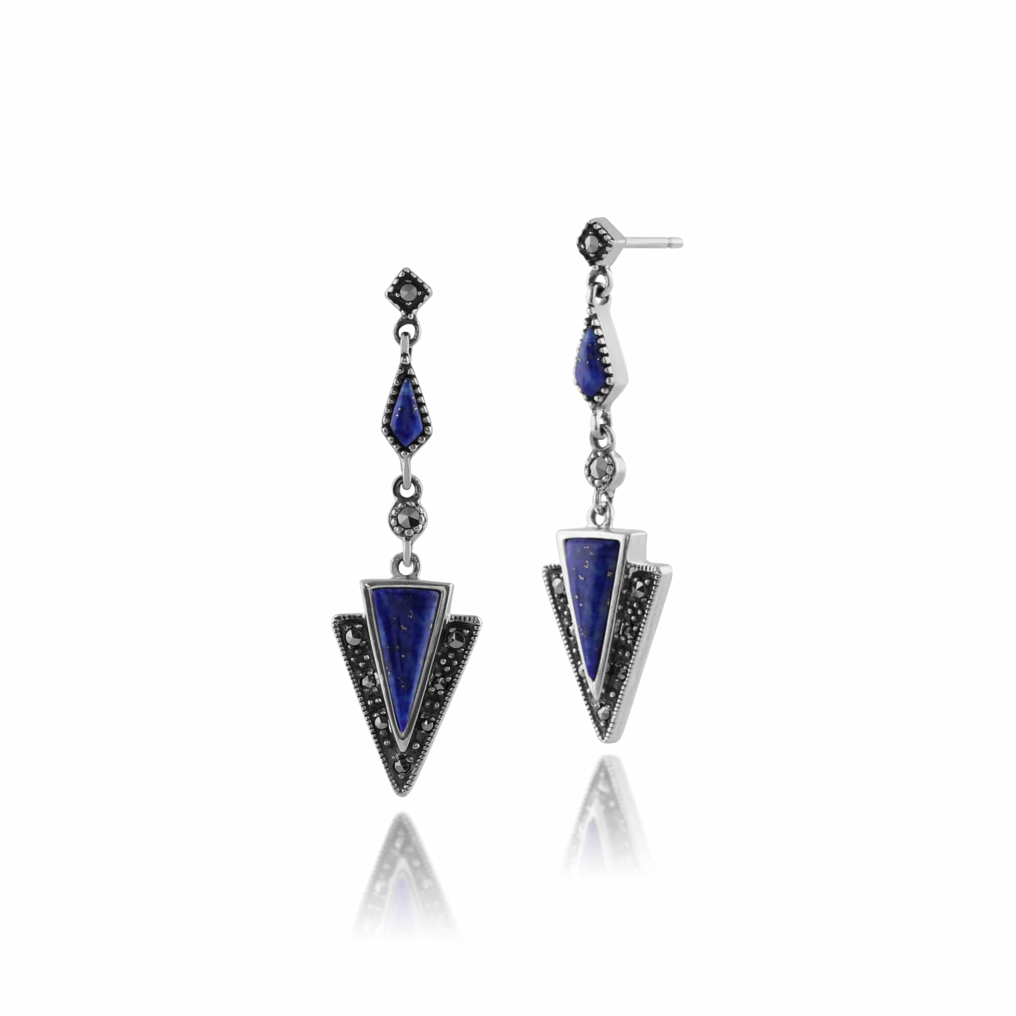 Art Deco Style Triangle Lapis Lazuli & Marcasite Drop Earrings in 925 Sterling Silver - Gemondo