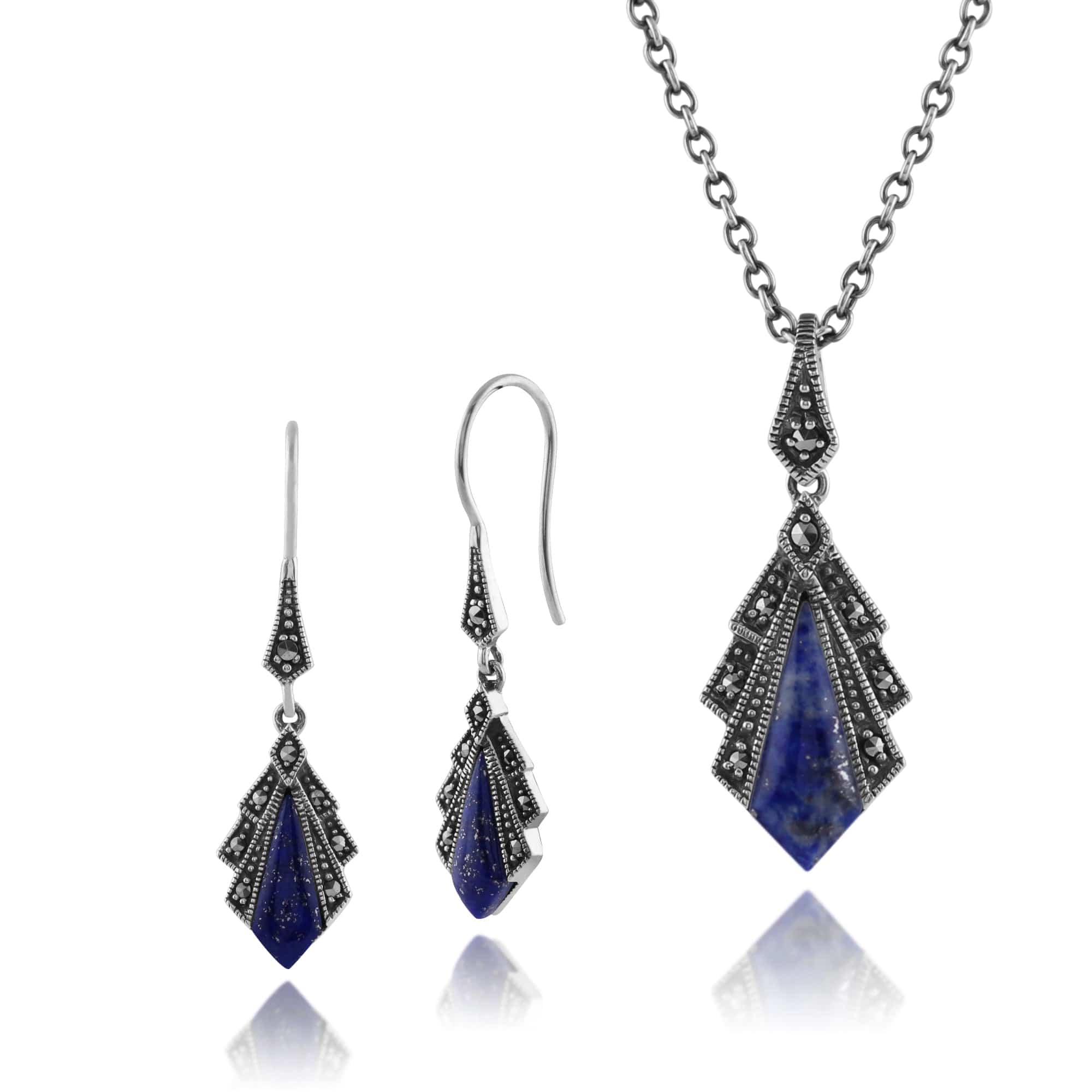 Art Deco Lapis Lazuli & Marcasite Fan Drop Earrings & Pendant Set Image 1