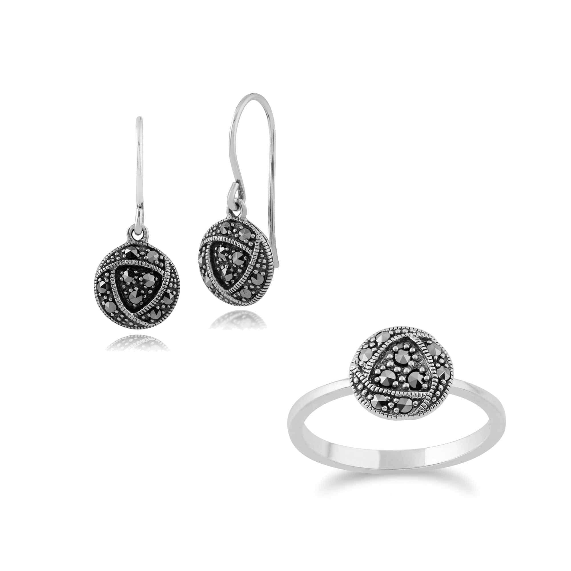 214E840901925-214R591301925 Rennie Mackintosh Inspired Round Marcasite Glasgow Rose Drop Earrings & Ring Set in 925 Sterling Silver 1