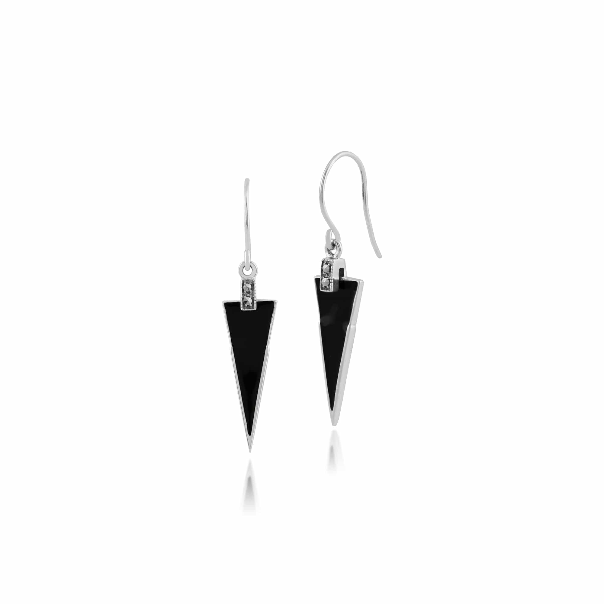 Art Deco Style Black Enamel & Round Marcasite Triangle Drop Earrings in 925 Sterling Silver - Gemondo