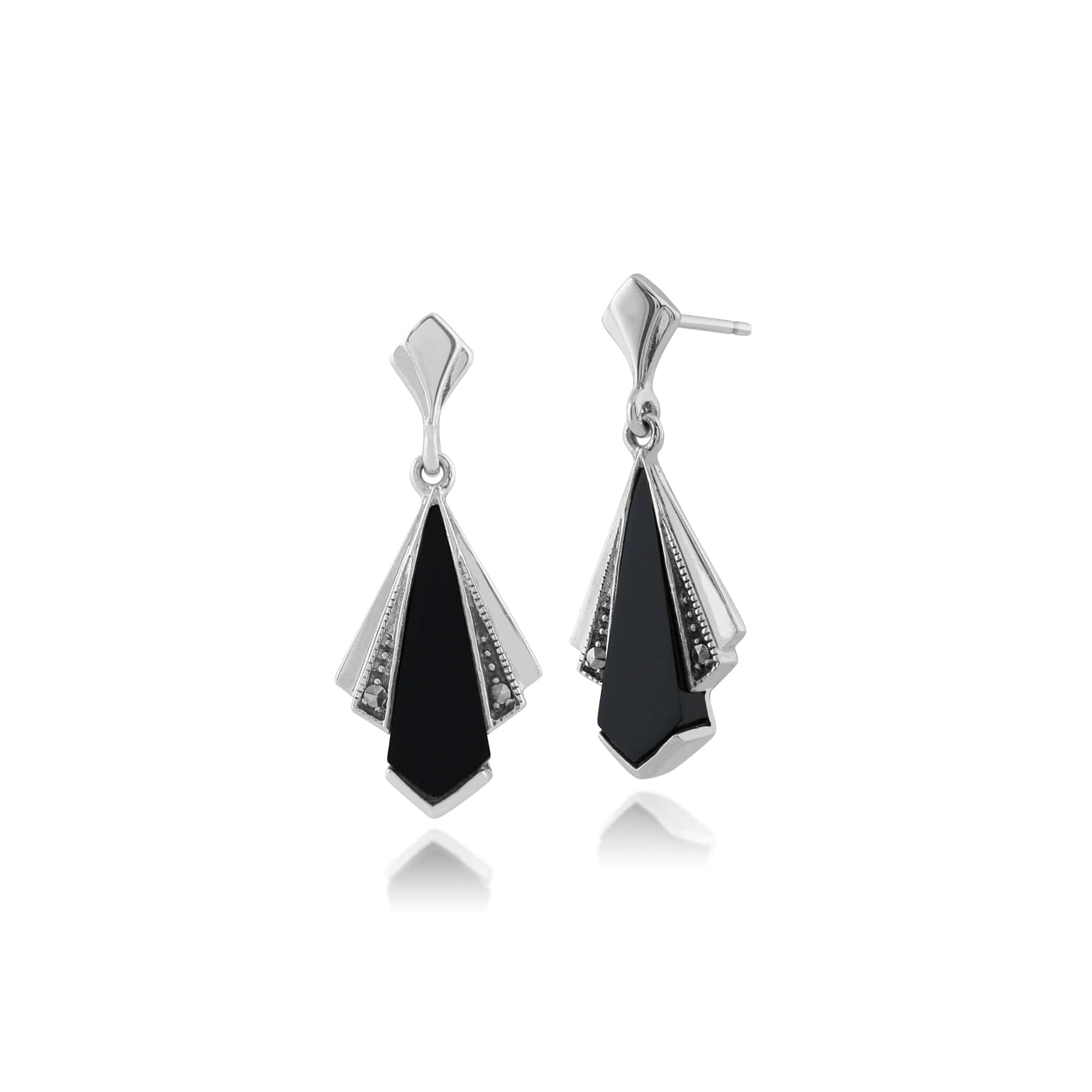 Art Deco Style Black Onyx & Round Marcasite Fan Drop Earrings & Pendant Set in 925 Sterling Silver - Gemondo